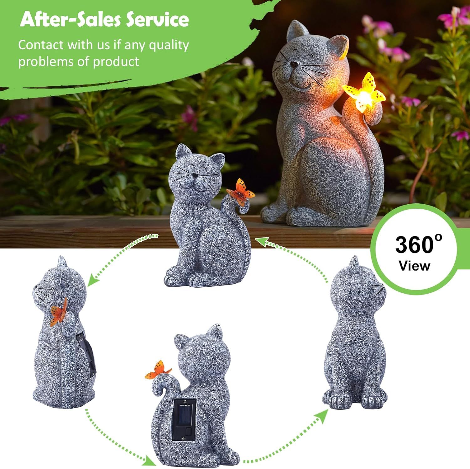 Shows the product from all angles in a 360-degree rotation to help shoppers understand the complete design and features of the decorative cat figurine, including the solar panel placement and…