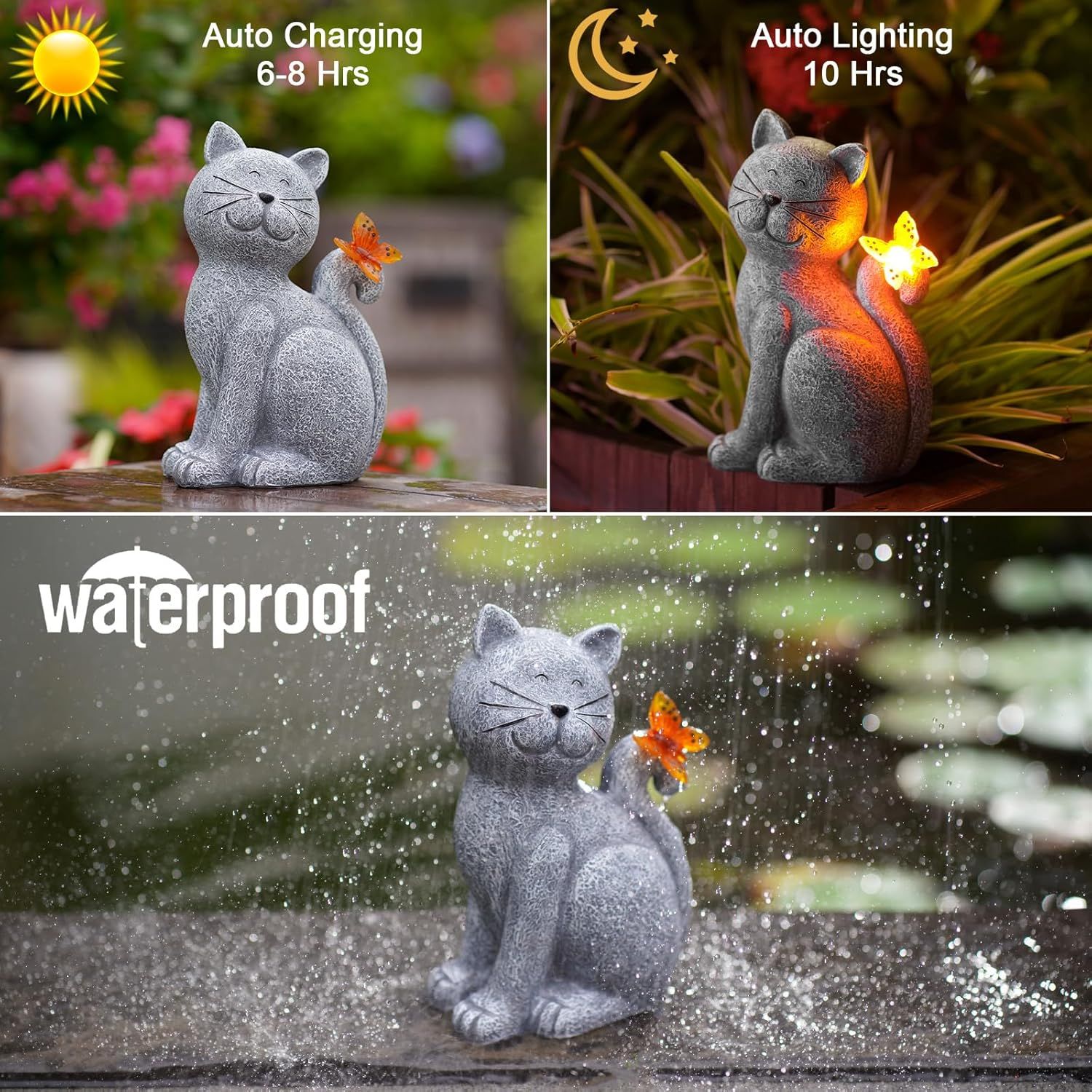 Demonstrates three distinct product benefits in a segmented layout: solar charging capability (6-8 hrs), automatic nighttime lighting (10 hrs), and waterproof durability for outdoor use.