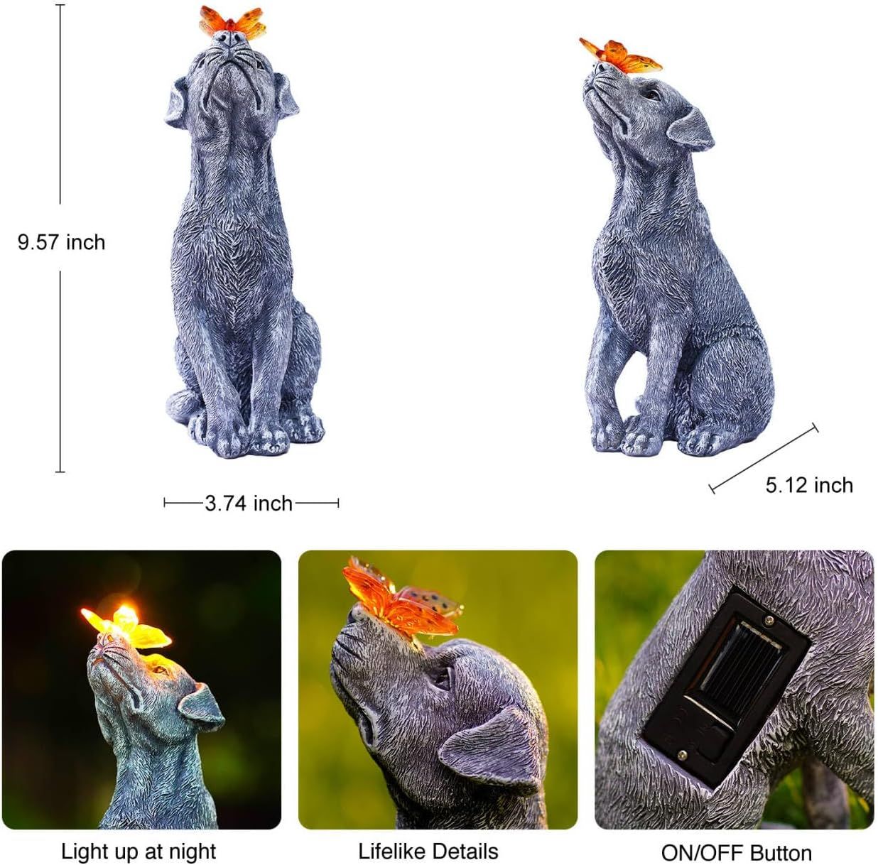 Communicates multiple product benefits in a segmented layout: physical dimensions for size reference, solar-powered light-up feature for nighttime use, realistic sculpting quality, and ease of…