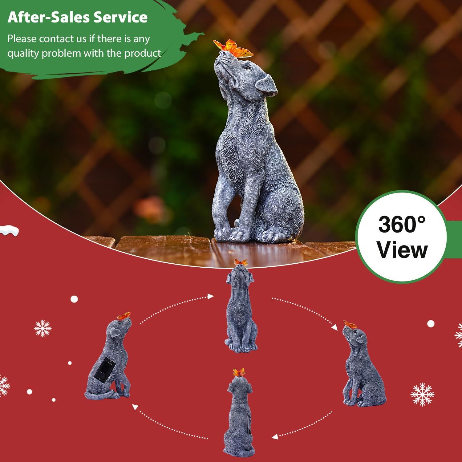 Demonstrates the product from all angles to give shoppers a complete visual understanding of the dog statue's design and details, while also communicating after-sales service support.