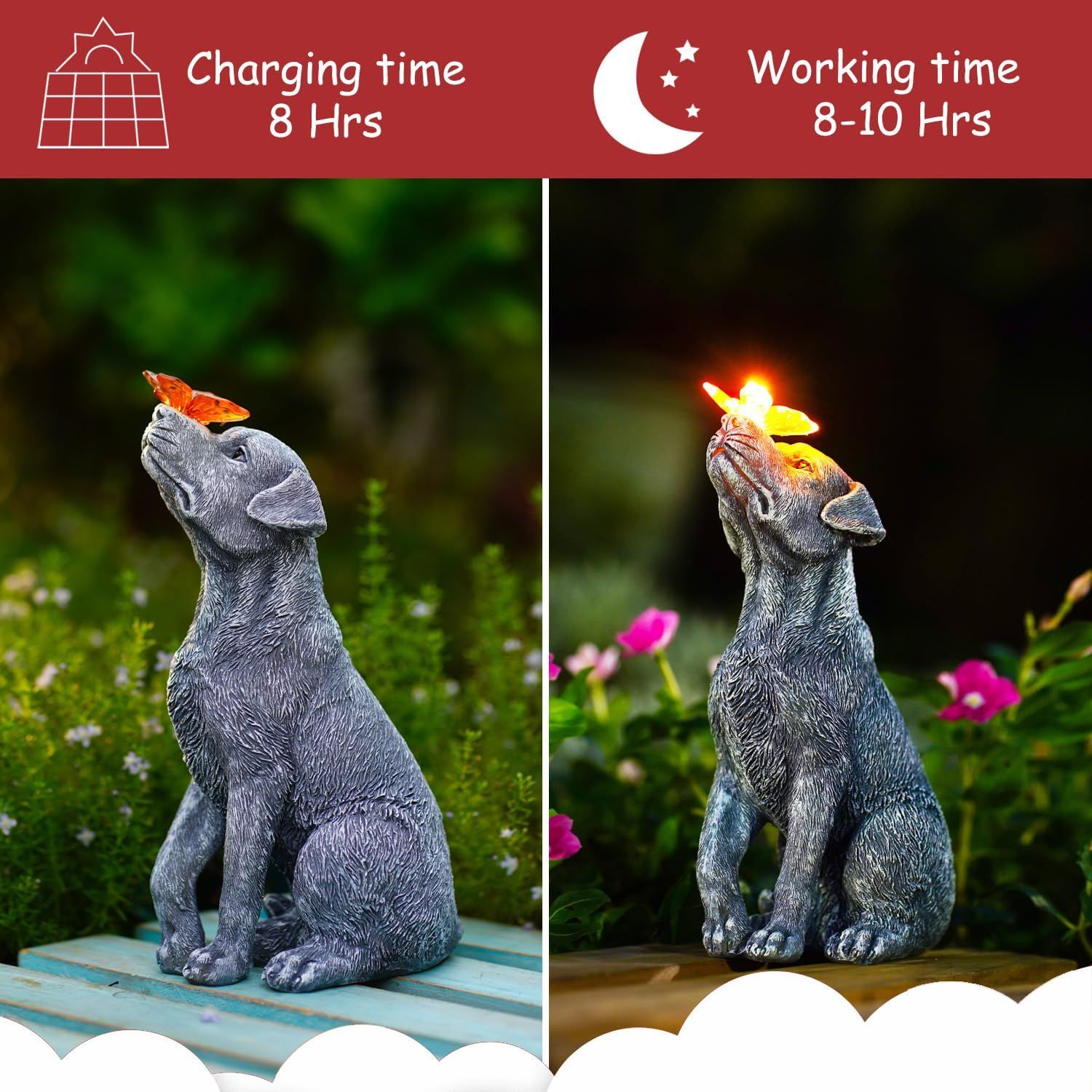 Demonstrates the transformation of the solar-powered decorative dog statue from its daytime charging state to its nighttime illuminated state, showing shoppers the dual functionality and lighting…
