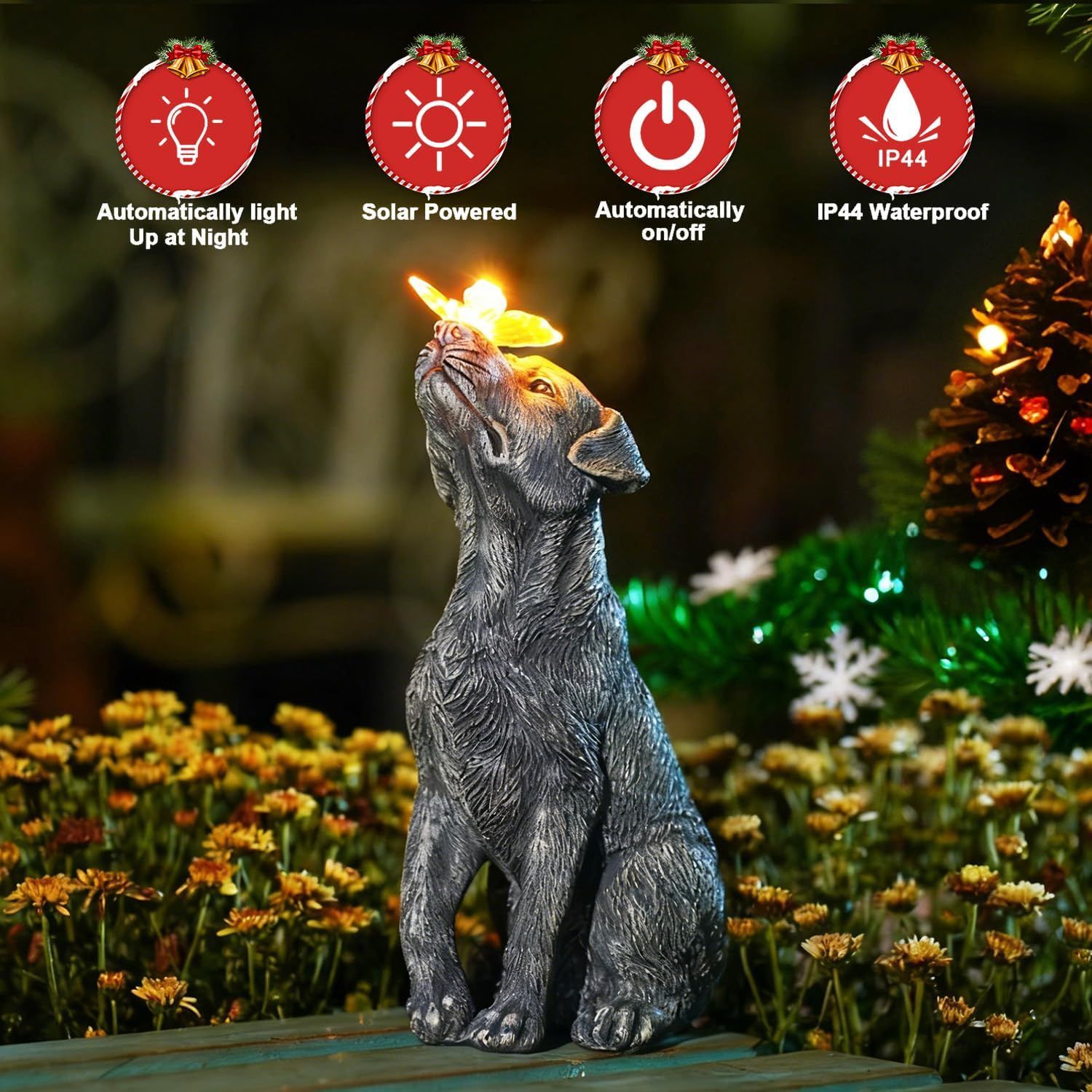 Communicates four distinct product benefits in a segmented layout to show the product's automatic lighting, solar power, convenience, and weather resistance. Positions the product as a holiday gift…