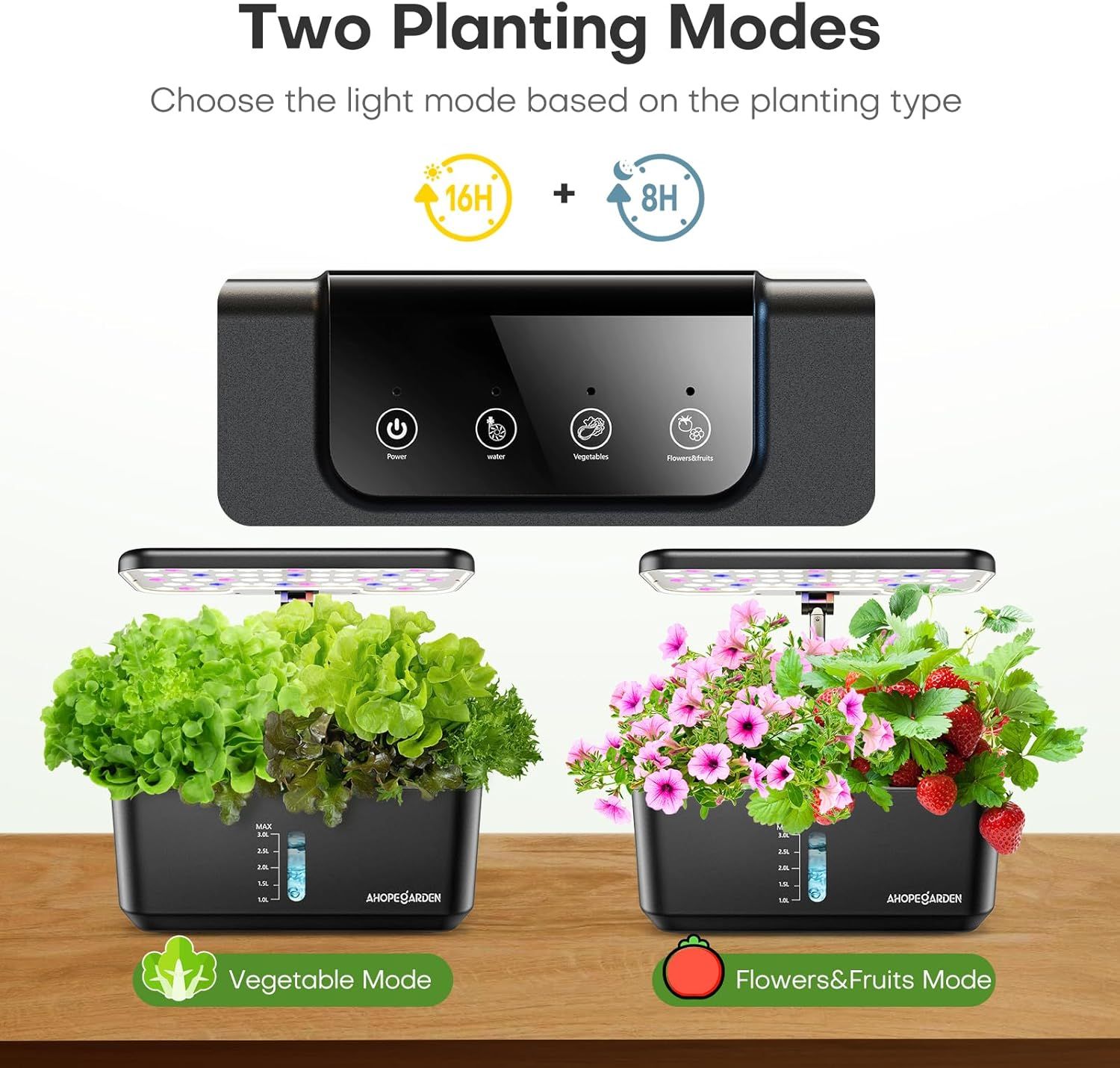 Demonstrates the two distinct planting modes available with the product, showing shoppers that the grow light can be customized for different types of plants (vegetables vs. flowers/fruits).…