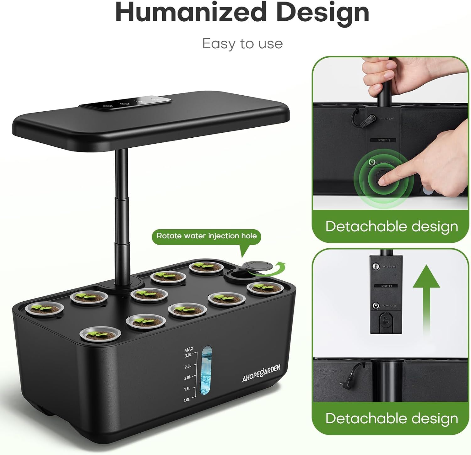 Highlights the product's physical components and design features, showing the water injection mechanism and detachable parts to help shoppers understand how the hydroponic system is structured and…