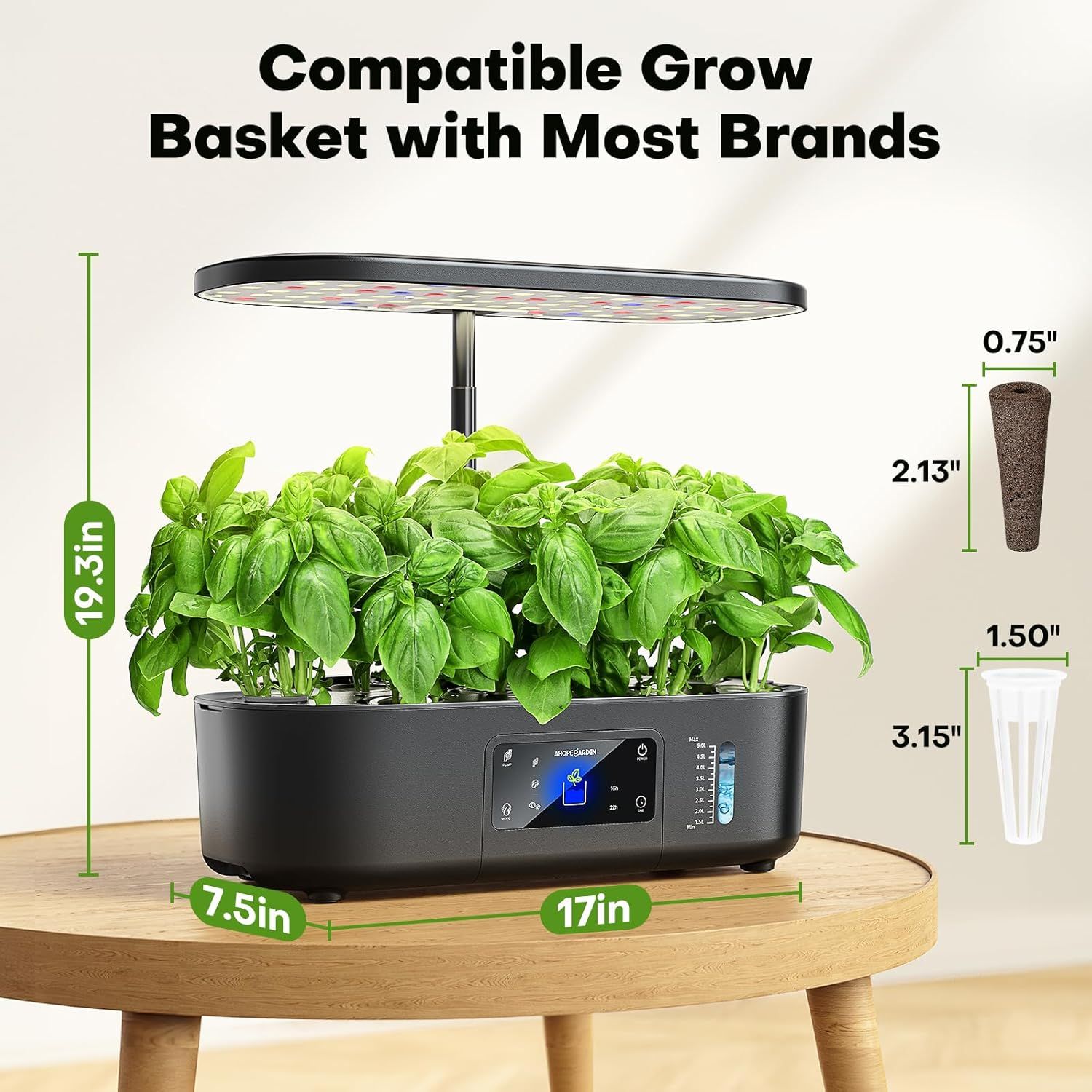 Communicates that the grow basket is compatible with most brands, reassuring shoppers about versatility and ease of use with their existing systems. Shows the exact physical dimensions of the…