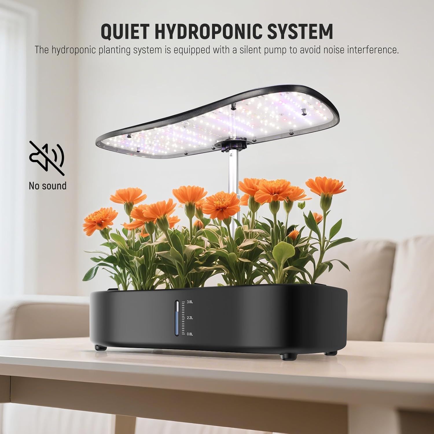 Communicates that the hydroponic system operates silently with a quiet pump, reassuring shoppers that it won't cause noise interference in their home or office.