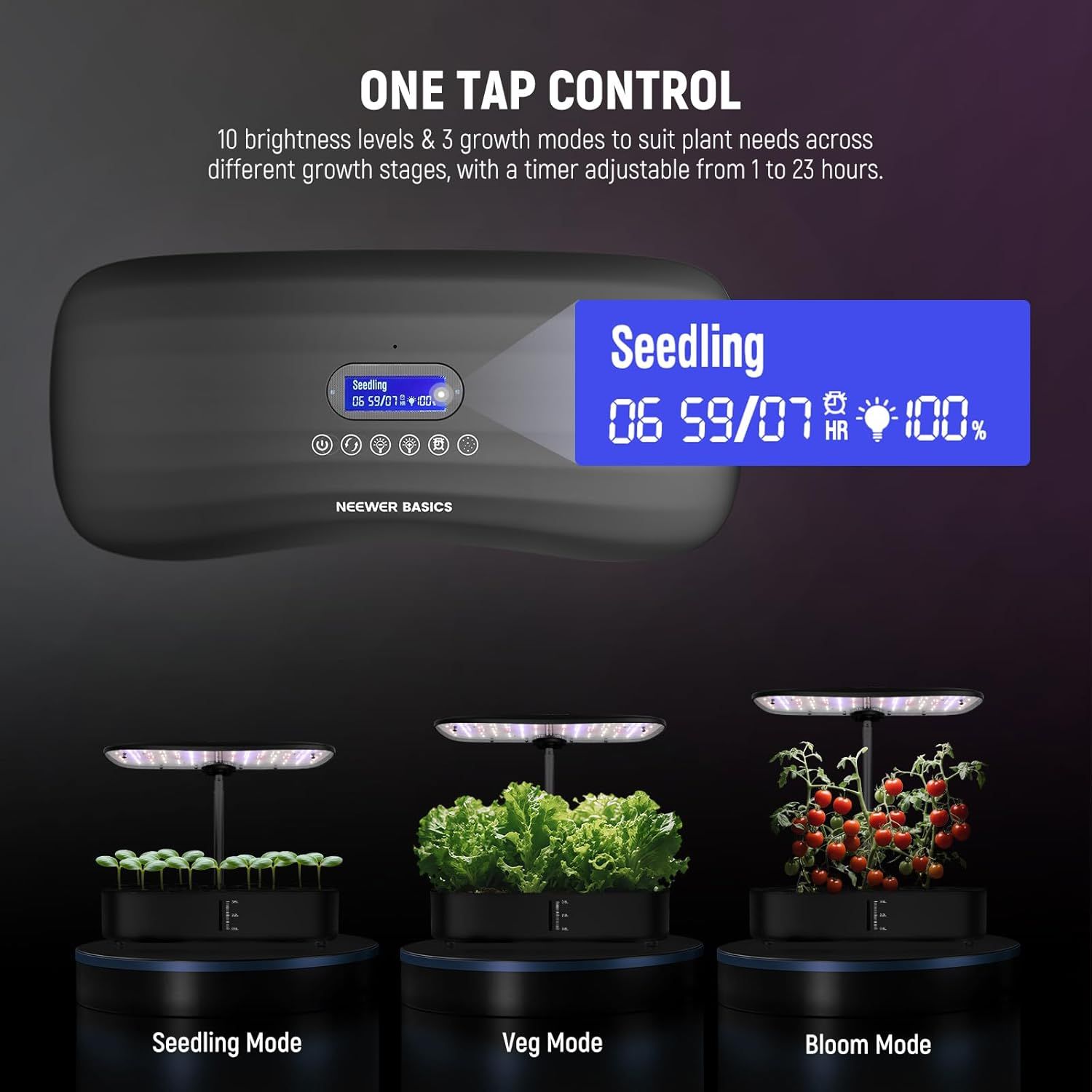 Communicates the ease of use and customization of the grow light system, highlighting the one-tap control interface with multiple brightness levels, growth modes, and timer functionality to reassure…