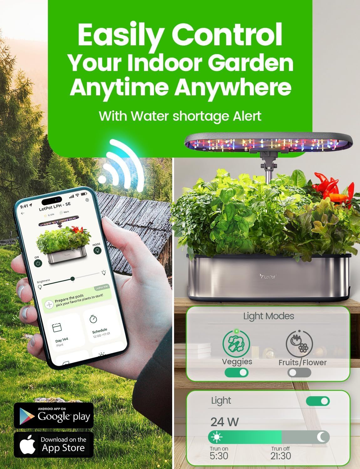 Demonstrates the smart indoor garden's multiple features including remote app control, customizable light modes for different plants, scheduling capabilities, and water alerts to reassure shoppers…