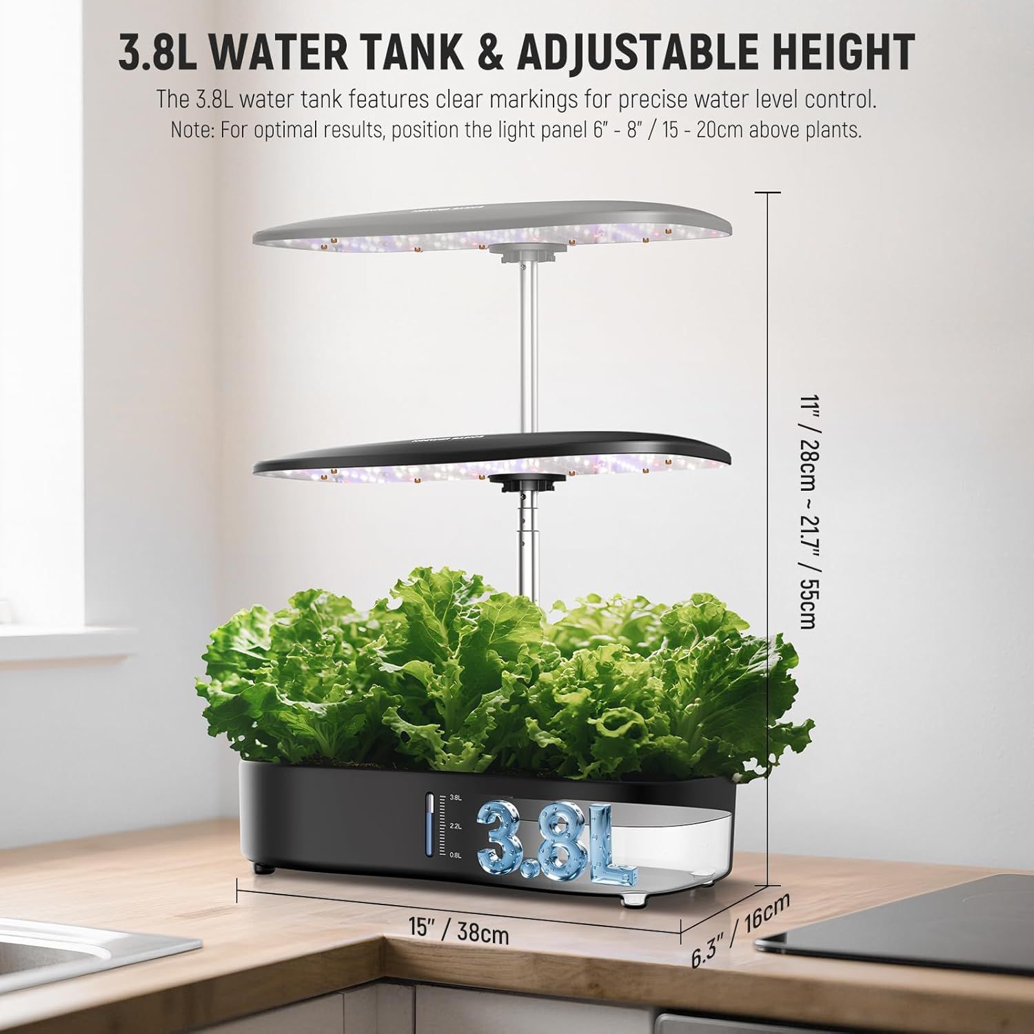 Communicates the exact physical dimensions of the indoor garden system (height, width, depth) and highlights the adjustable height feature to help shoppers understand if it will fit their space and…