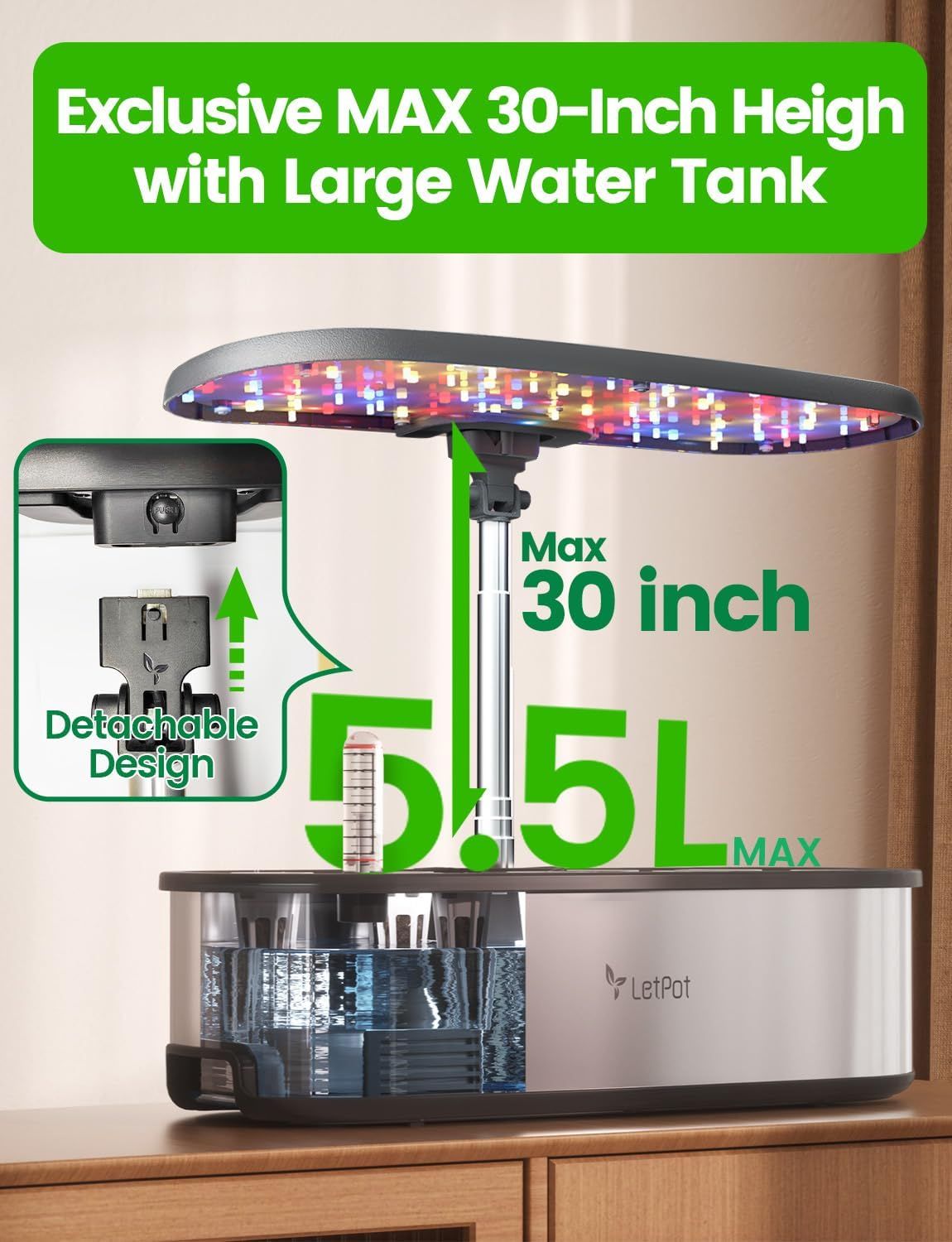 Communicates multiple key product features including the adjustable height capability, large water tank capacity, and detachable design to show versatility and convenience for pet owners.