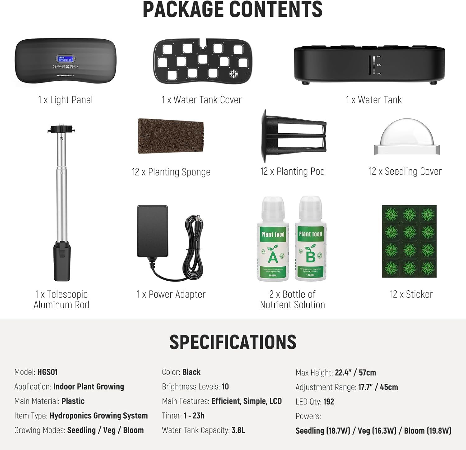 Shows all the items included in the hydroponics growing system package to help shoppers understand the complete value and what they will receive upon purchase.