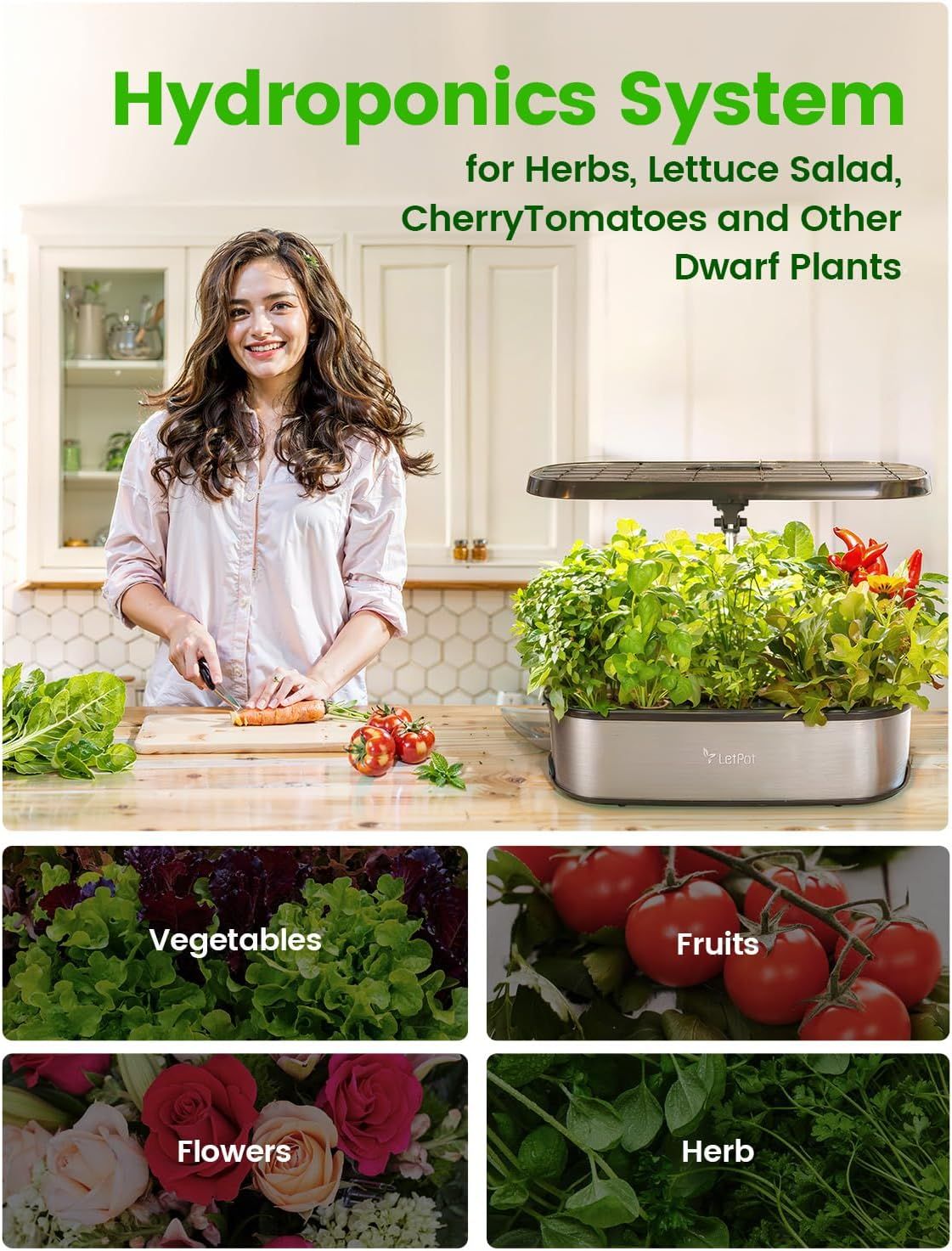 Demonstrates the versatility of the hydroponics system by showing it can grow multiple types of plants including vegetables, fruits, flowers, and herbs, reassuring shoppers of its wide range of…