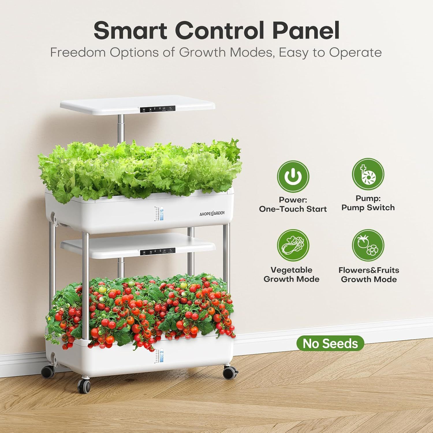 Communicates the product's smart control features and multiple growth mode options to show shoppers the versatility and ease of operation of this indoor garden system.