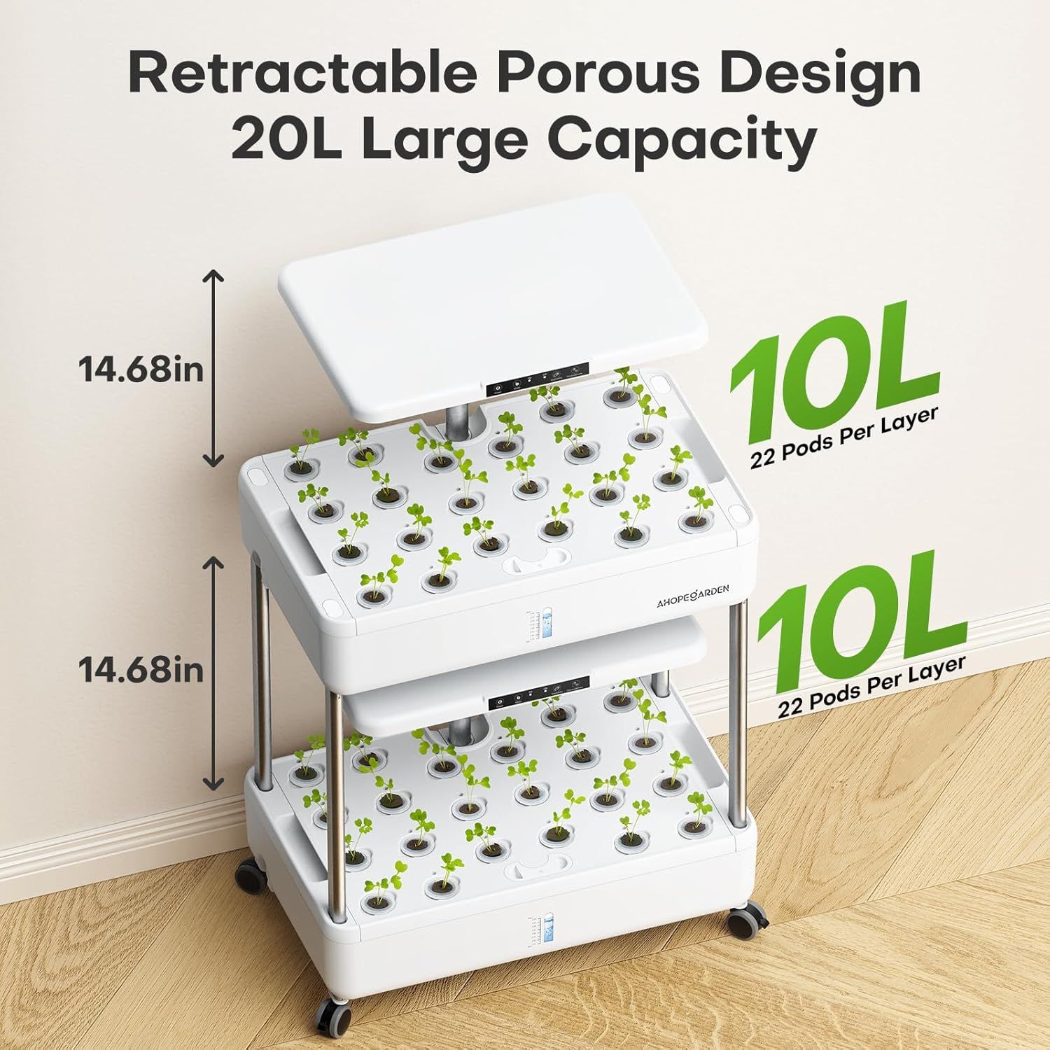 Communicates the physical dimensions and capacity of the hydroponic system to help shoppers understand the size and scale of the product. Highlights the product's capacity metrics to demonstrate how…