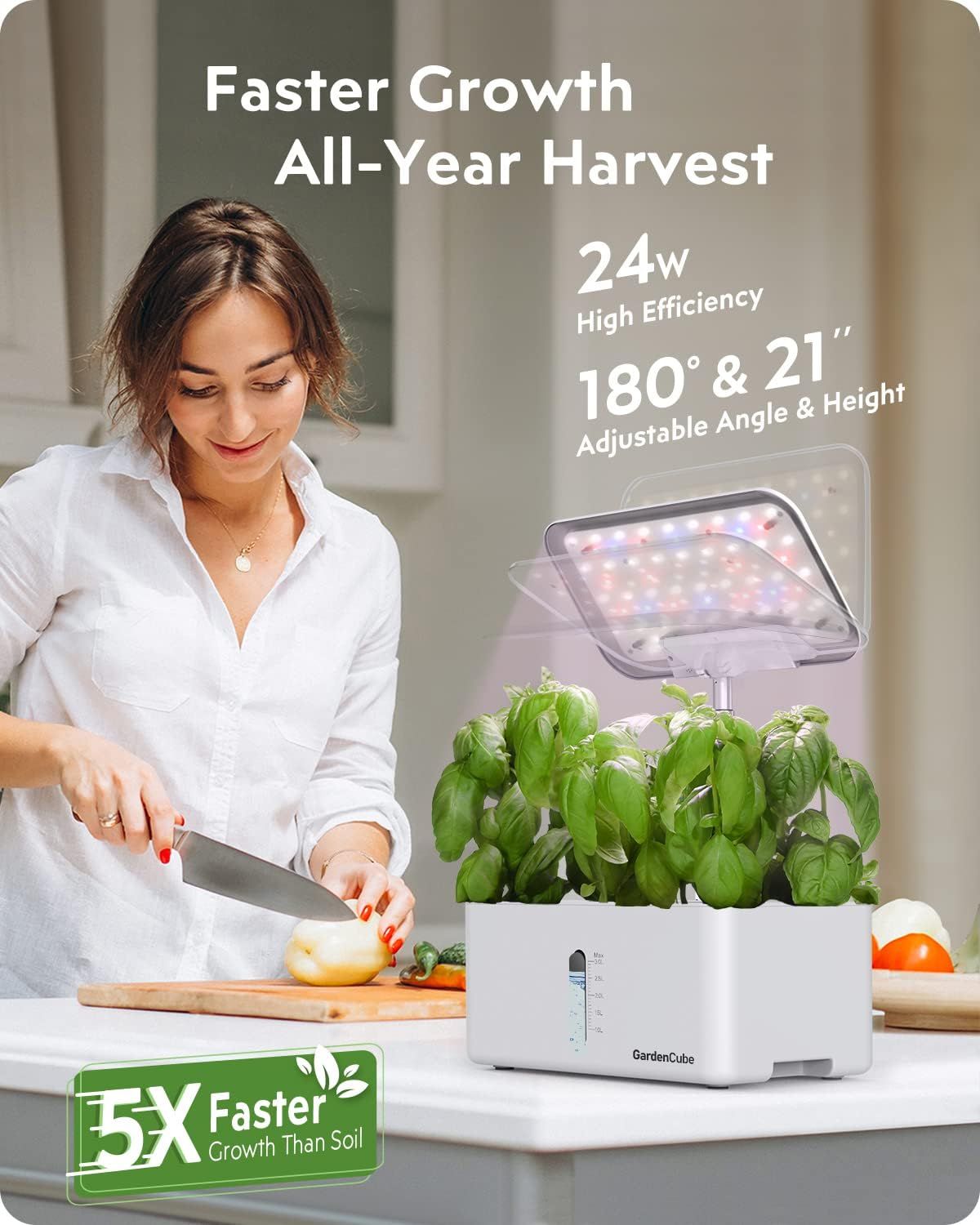 Communicates multiple key product benefits including growth speed, technical specifications, and adjustability to demonstrate the indoor garden's comprehensive value proposition and superior…