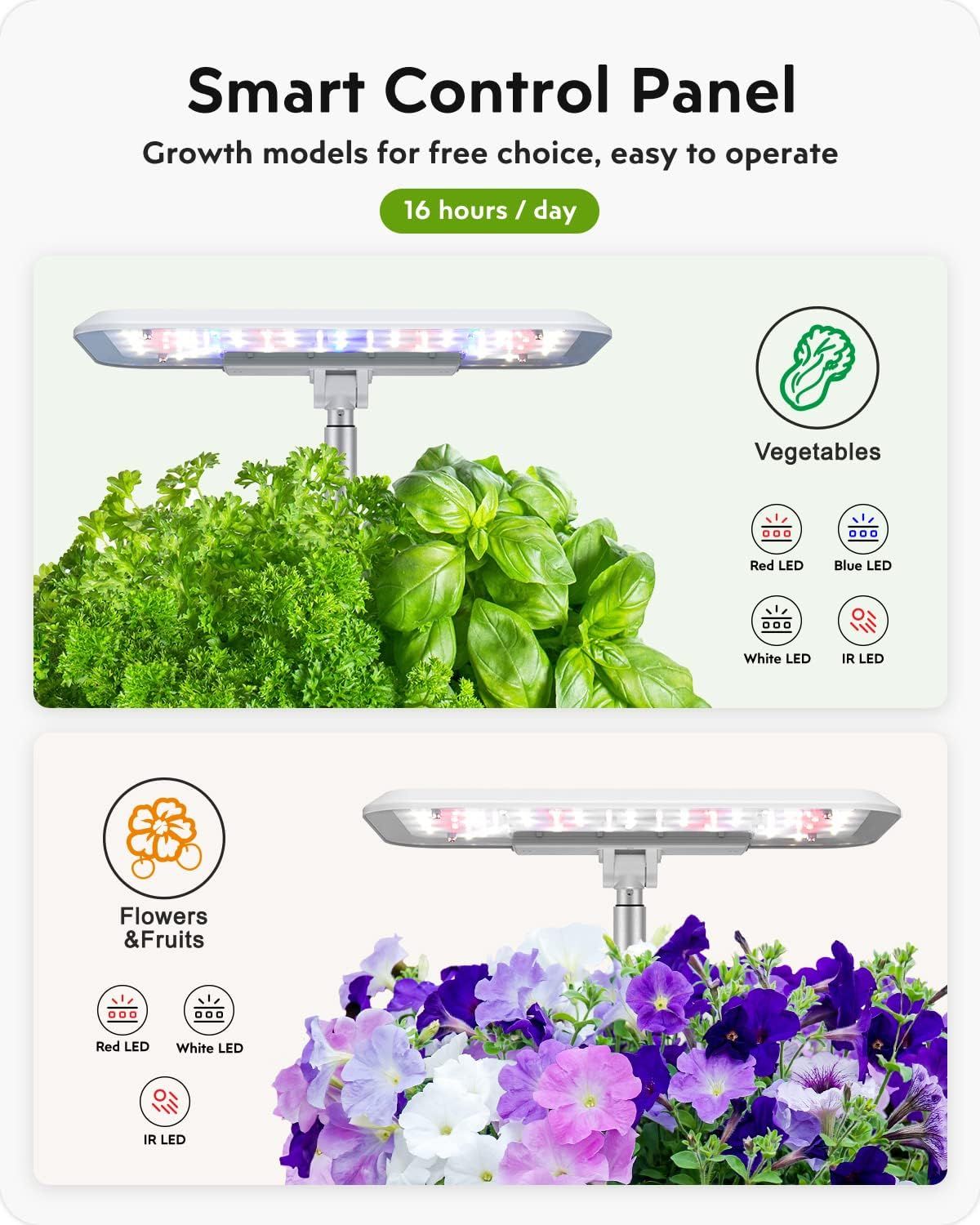 Demonstrates the product's versatility by showing two distinct use cases: growing vegetables and growing flowers/fruits, each with customizable LED light settings.