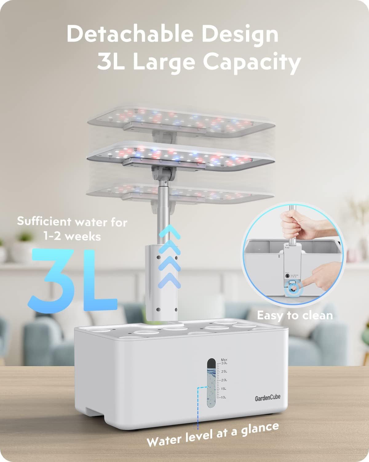 Communicates multiple key benefits of the indoor garden system including its detachable design, large 3L water capacity that lasts 1-2 weeks, easy cleaning mechanism, and visible water level…
