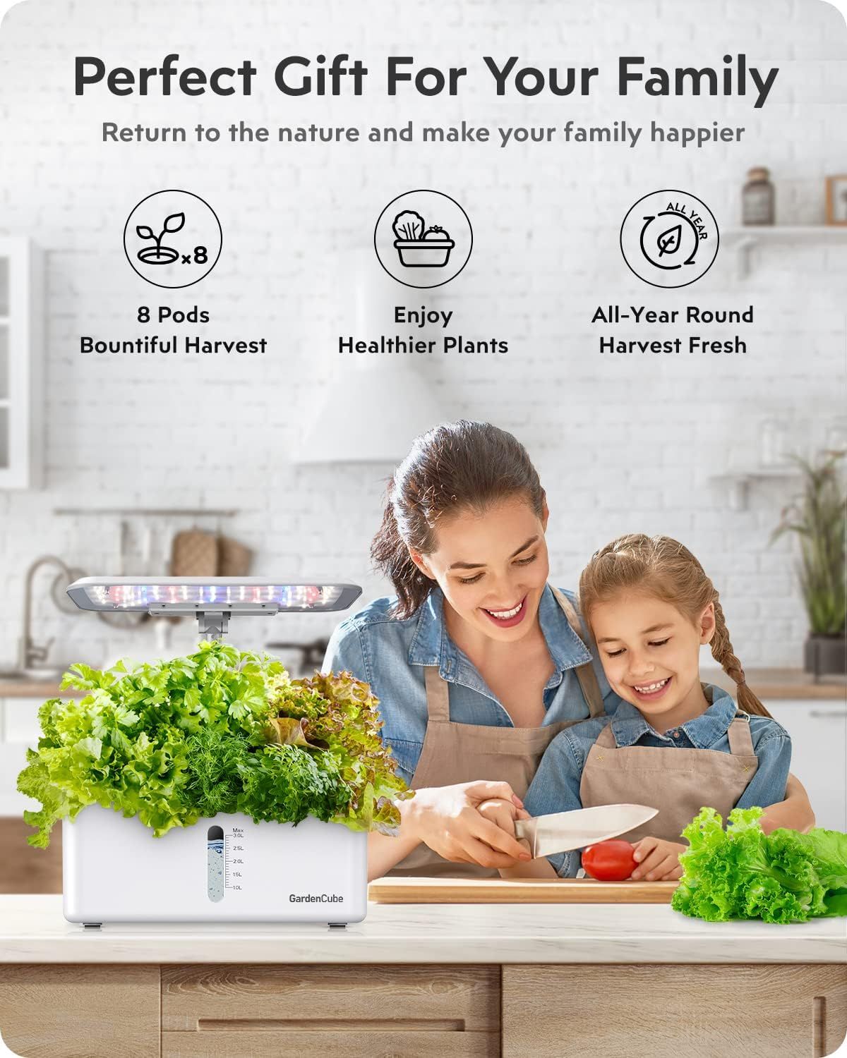 Positions the indoor garden product as an ideal gift for families, emphasizing emotional connection and year-round enjoyment to drive gifting purchases. Highlights three distinct product benefits in…