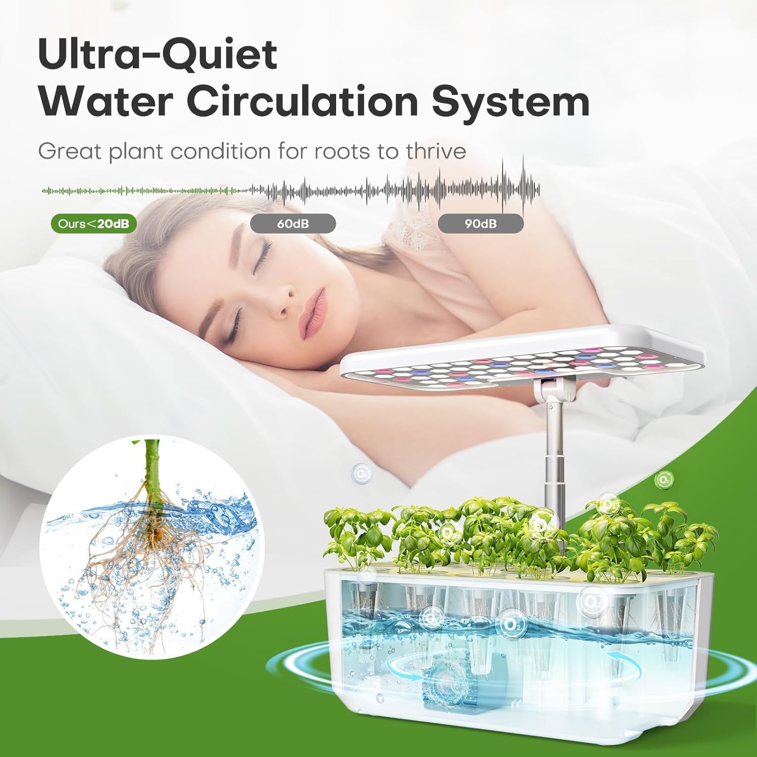 Communicates the product's ultra-quiet performance with a specific decibel measurement to reassure shoppers that it won't disturb sleep or daily activities. Highlights the primary benefit of…