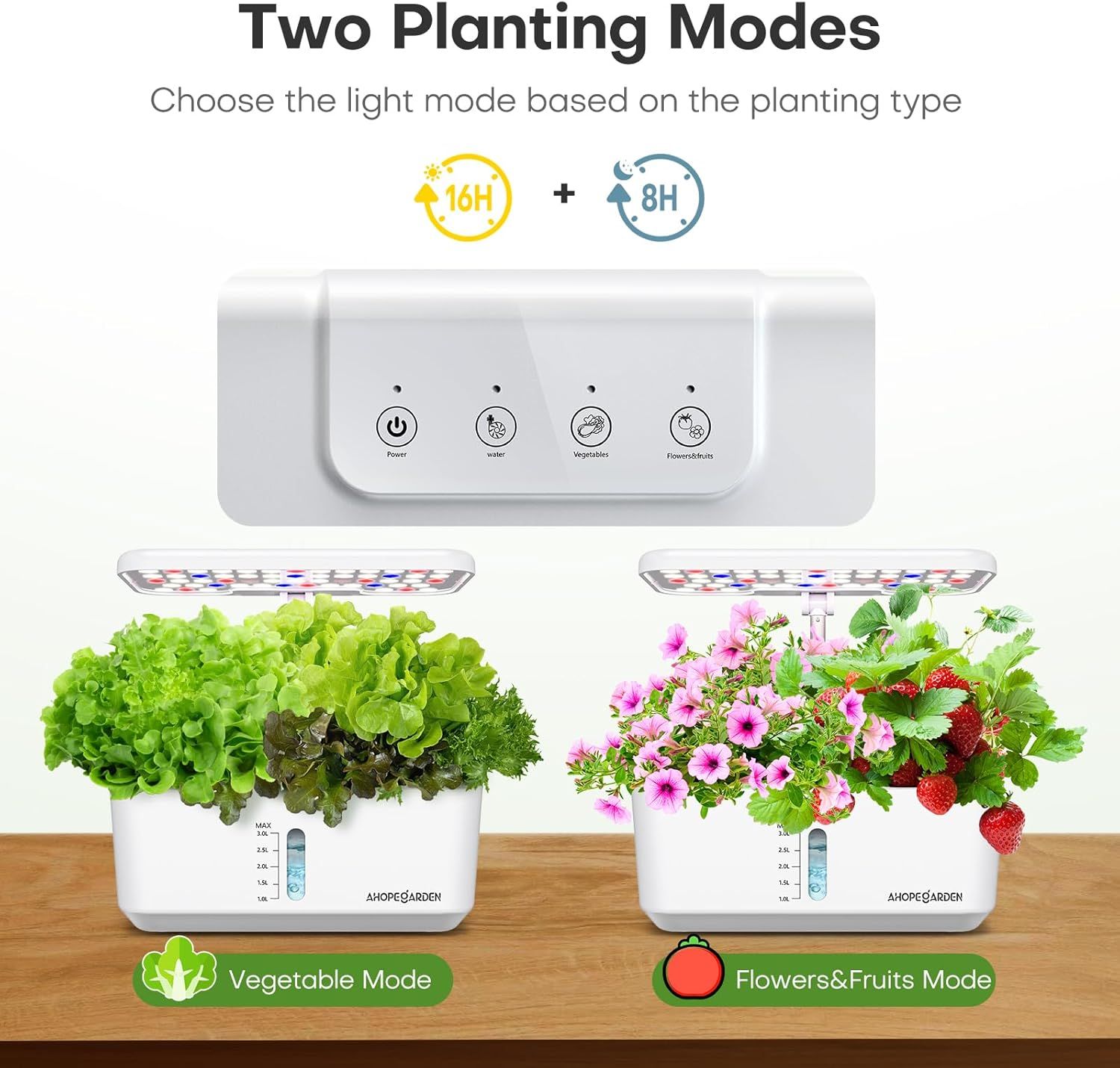 Demonstrates the product's versatility by showing two distinct use cases: growing vegetables and growing flowers/fruits, helping shoppers understand the different applications and lighting modes…