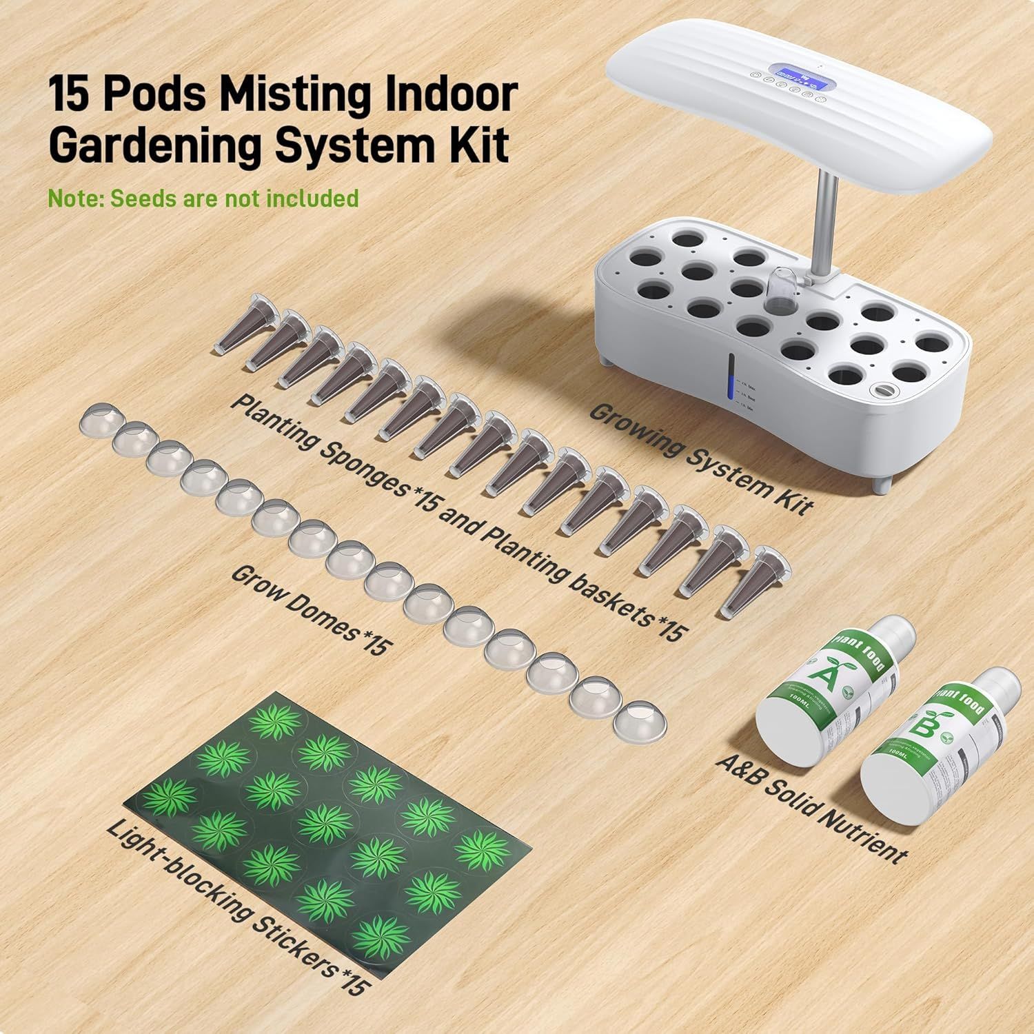 Shows all components included in the indoor gardening system kit to help shoppers understand the complete package they will receive.