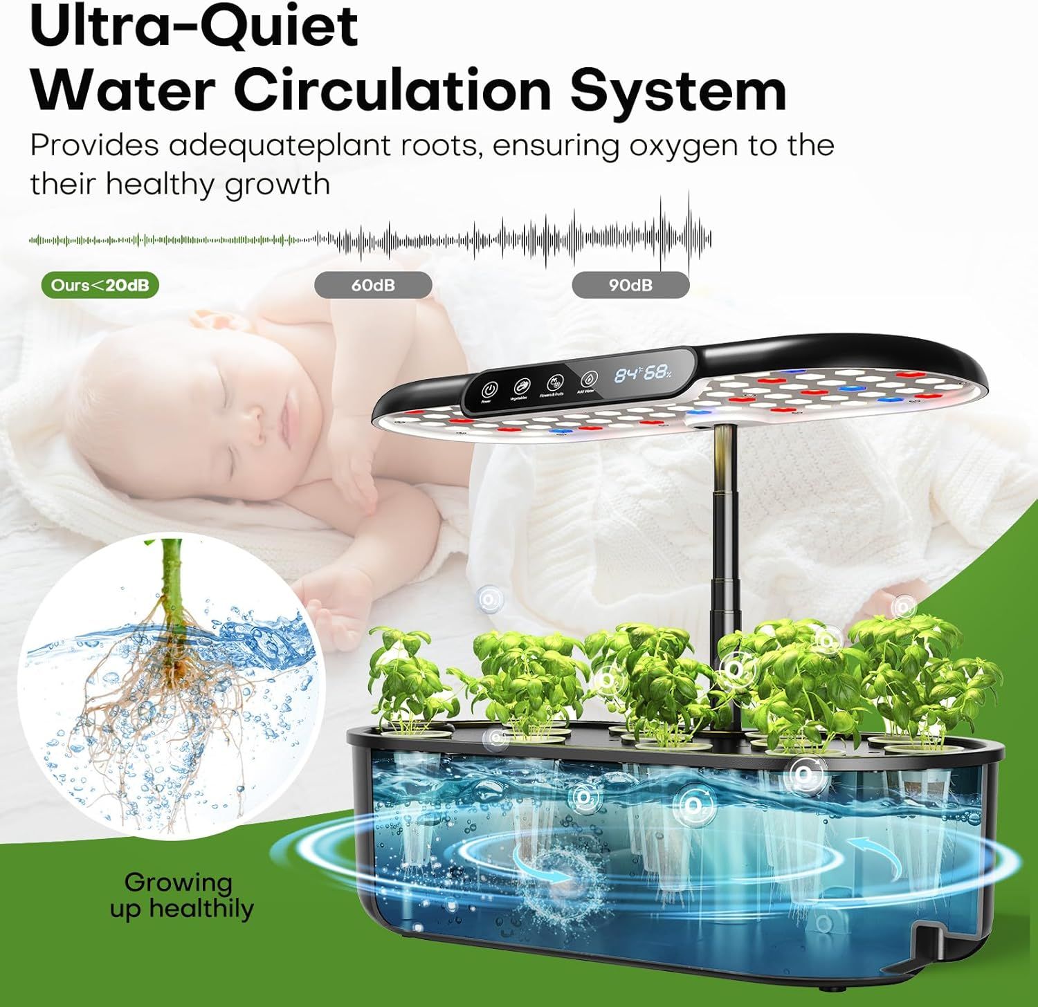 Communicates that the hydroponic system operates at less than 20dB, making it quiet enough for use in bedrooms or nurseries without disturbing sleep.