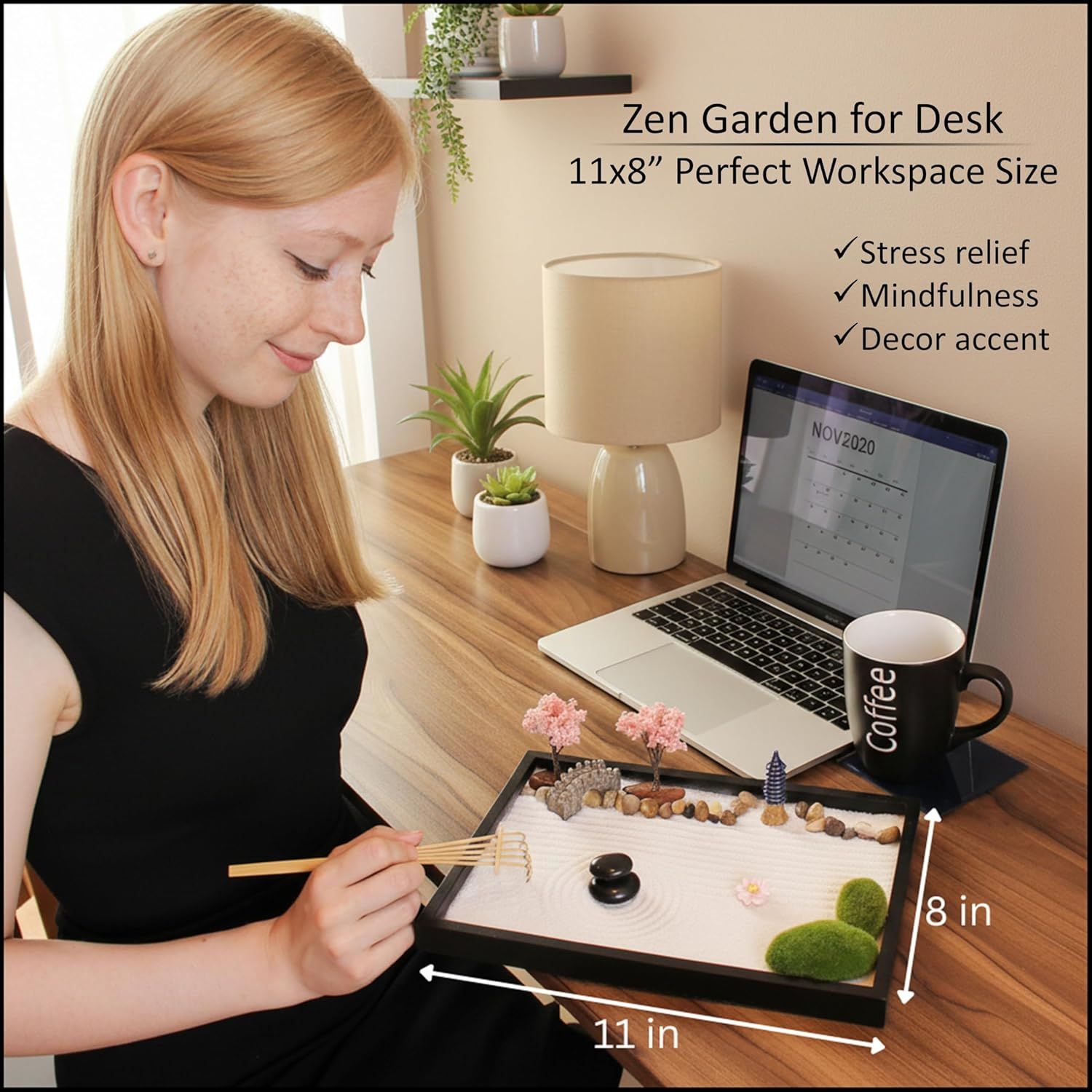 Communicates the exact physical size of the zen garden product to help shoppers understand if it will fit their workspace. Demonstrates the product in use within a workspace setting while…