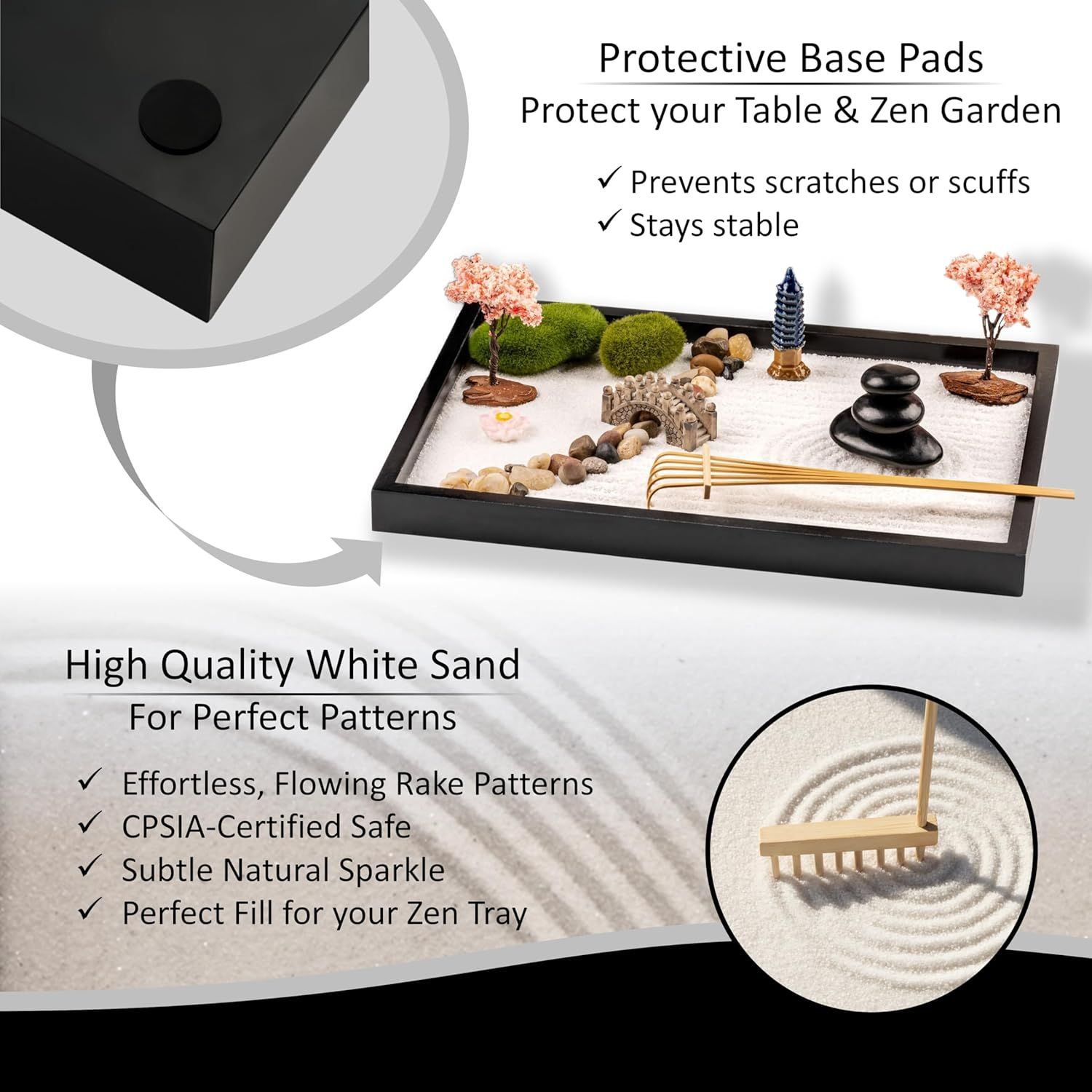 Communicates multiple distinct benefits of the zen garden product: protective base pads that prevent scratches and keep the tray stable, plus high-quality white sand for creating perfect rake…
