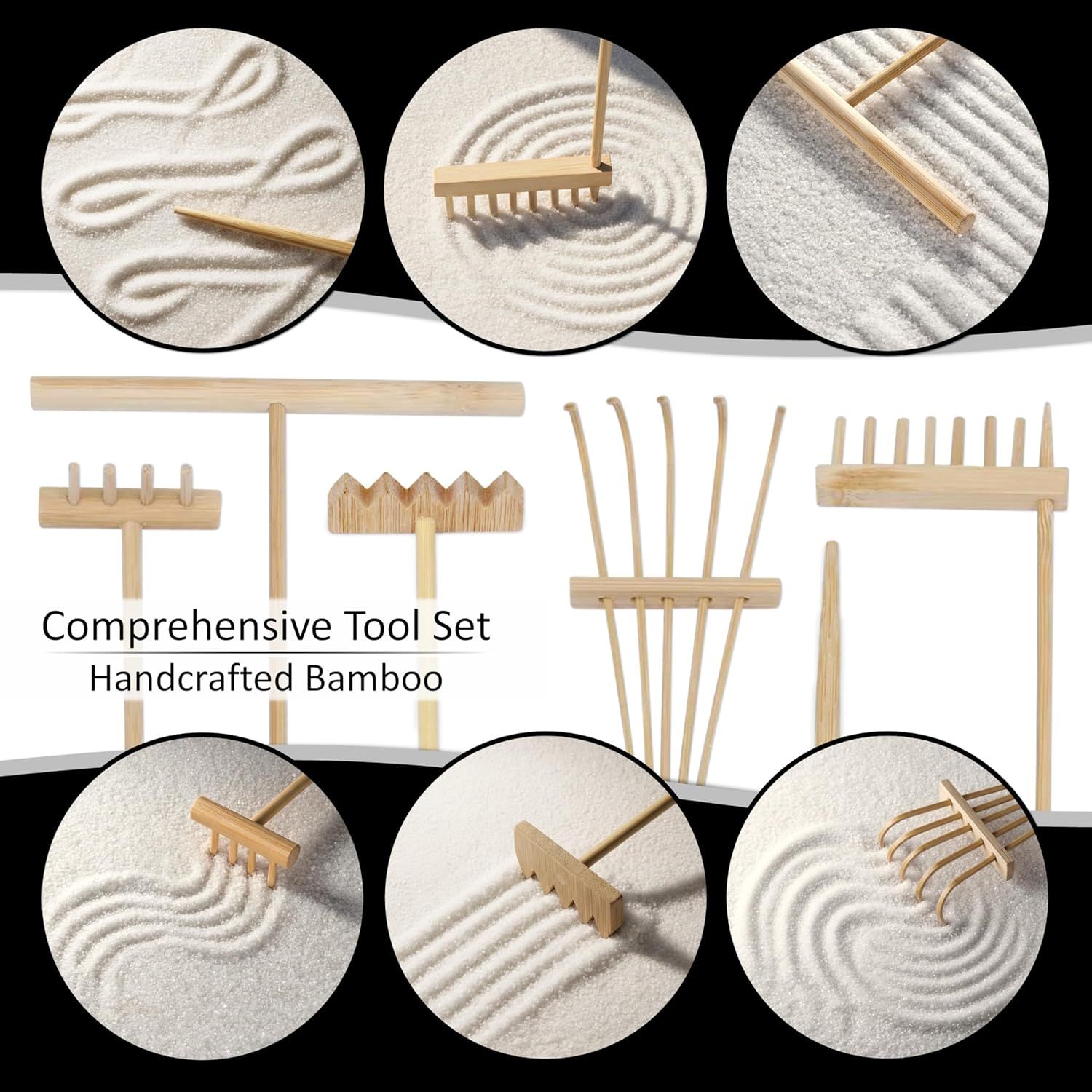 Shows all the bamboo tools included in the zen garden set, demonstrating the variety and completeness of the kit to help shoppers understand what they will receive. Demonstrates how to use the…