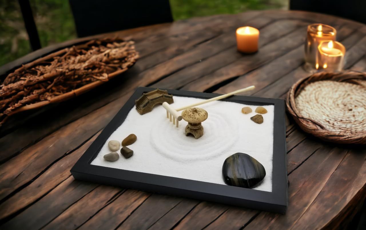 Showcases the product in a peaceful, real-world outdoor setting to evoke a sense of calm and demonstrate its use as a decorative or meditative item.