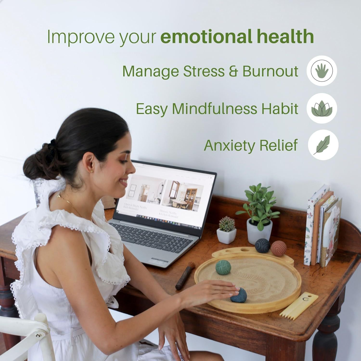 Communicates multiple emotional health benefits of the product, showing how it helps manage stress and burnout, build mindfulness habits, and provide anxiety relief.