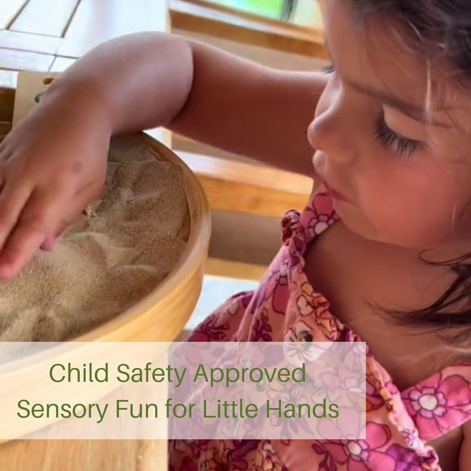 Reassures parents that the product is safe for children to use, emphasizing child safety certification and suitability for sensory play. Demonstrates the product's sensory play benefit for young…