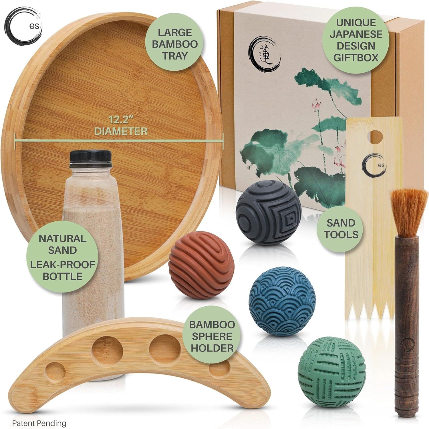 Shows all the components included in the zen garden kit to help shoppers understand the complete set they will receive, emphasizing the gift-ready packaging and variety of accessories.