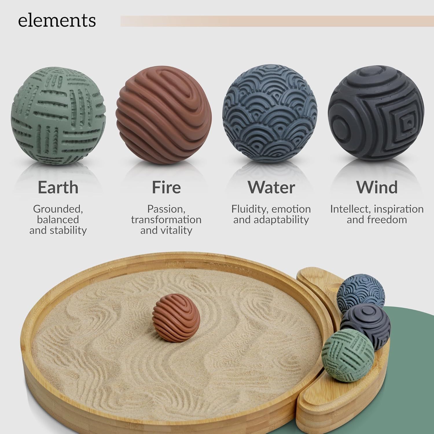 Shows everything included in the product set—four textured element balls (Earth, Fire, Water, Wind) and the zen garden tray—to help shoppers understand the complete package they will receive.…