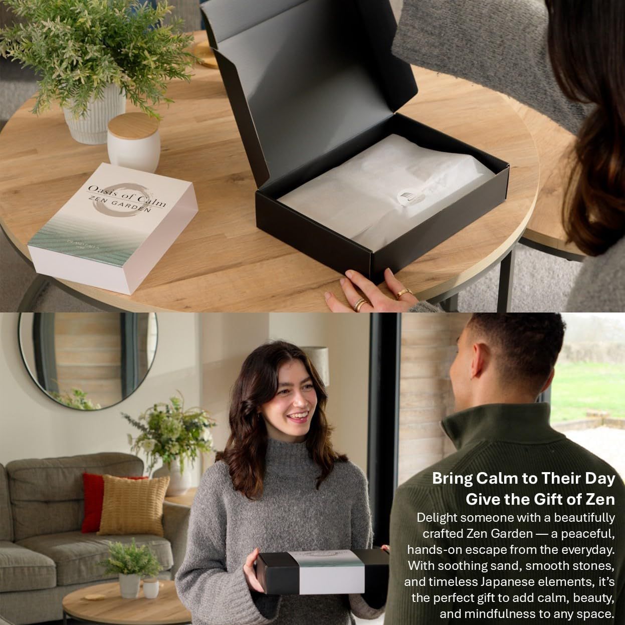 Positions the Zen Garden product as a thoughtful gift that brings calm and mindfulness, emphasizing its appeal as a beautifully crafted present for relaxation and peace. Communicates the core…