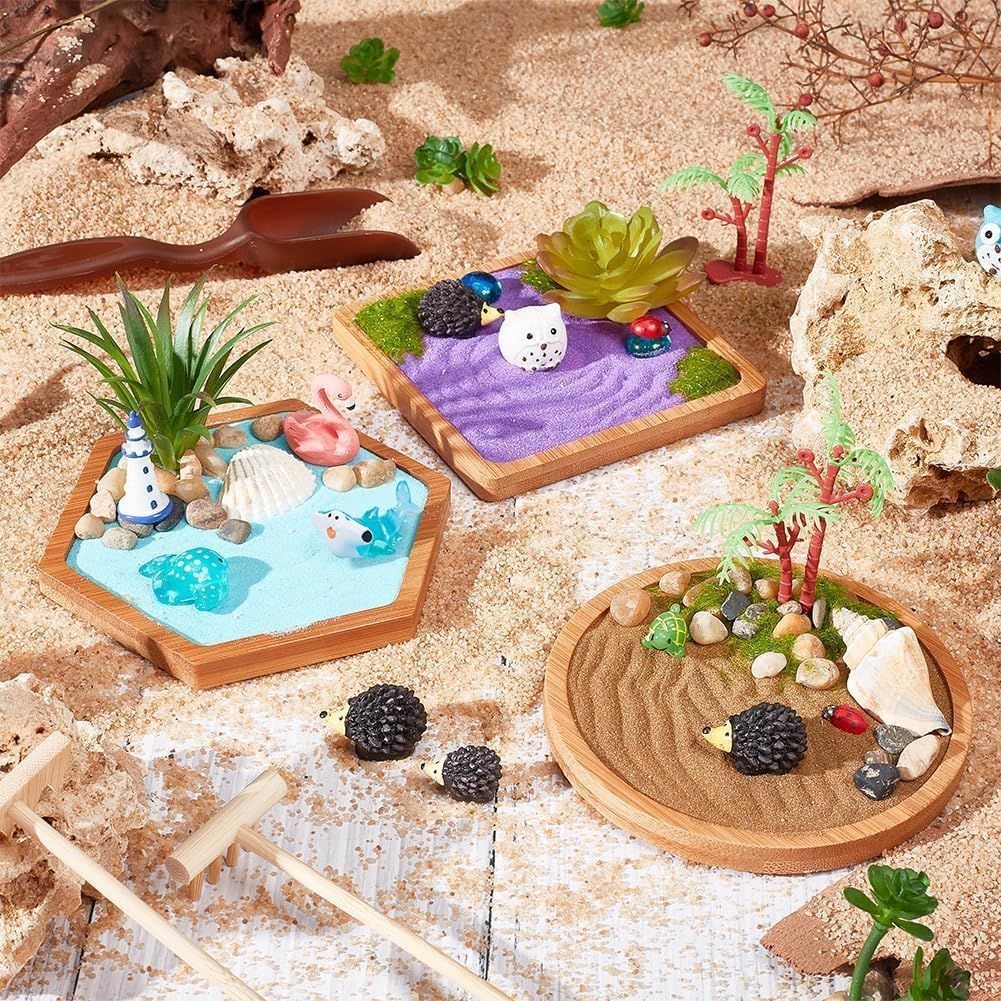 Showcases the product in a creative, real-world setting to help shoppers visualize how the miniature zen garden kits can be arranged and displayed, emphasizing their decorative and calming aesthetic.