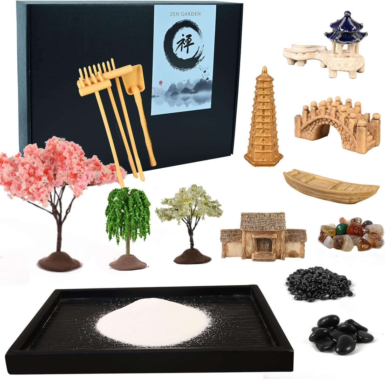 Shows all the components included in the Zen Garden kit to help shoppers understand the complete value and variety of items they will receive with their purchase.