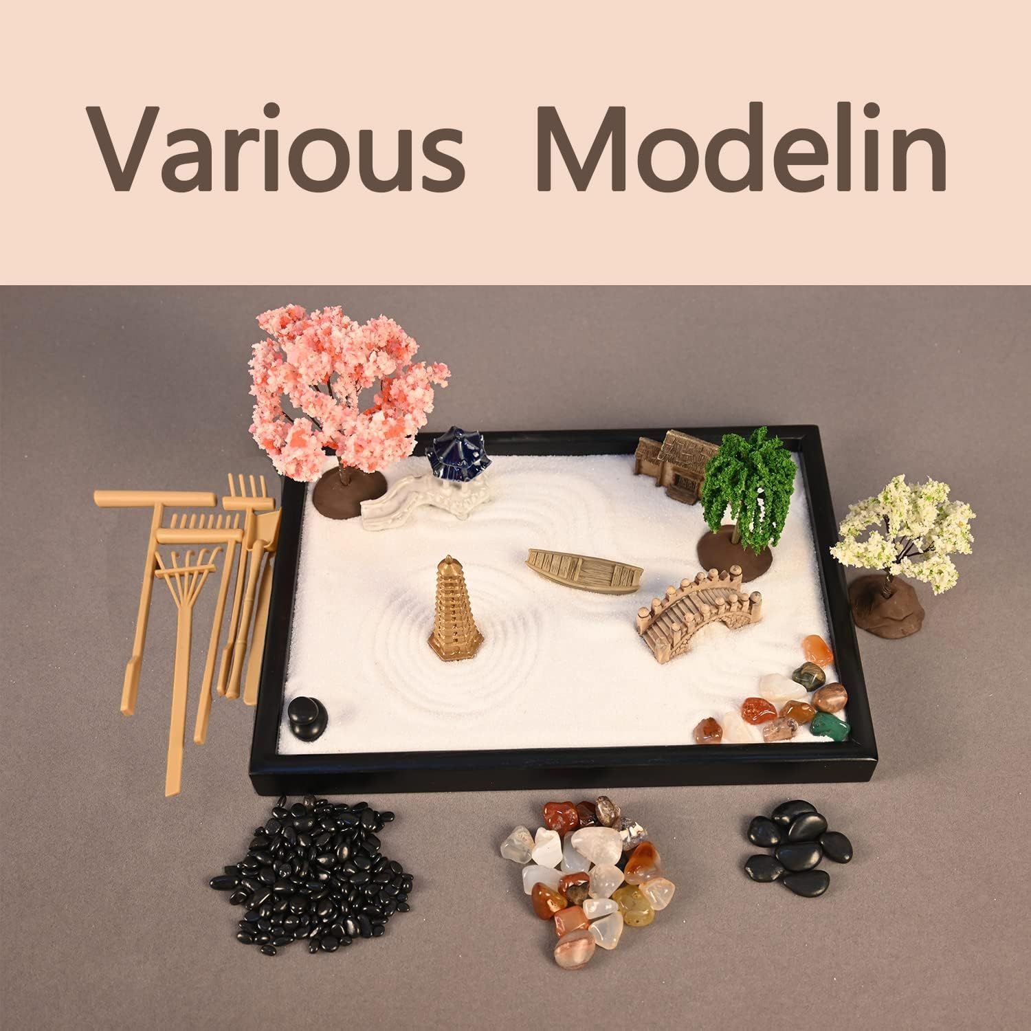 Shows all the components included in the zen garden kit—sand tray, miniature trees, decorative stones, wooden tools, and accessories—to help shoppers understand the complete value and contents of…