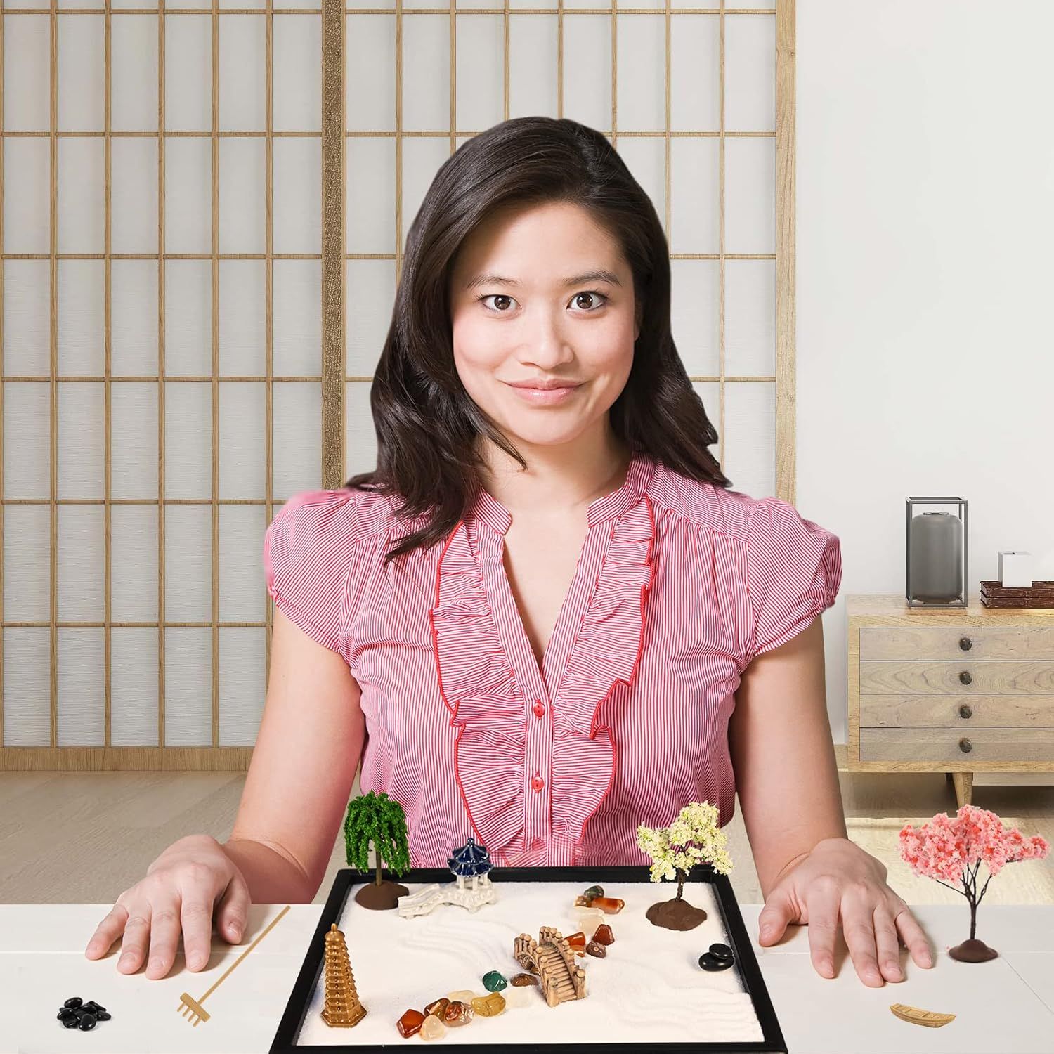 Shows all the components and accessories included with the product, helping shoppers understand the complete set they will receive and the variety of pieces for creating their zen garden.