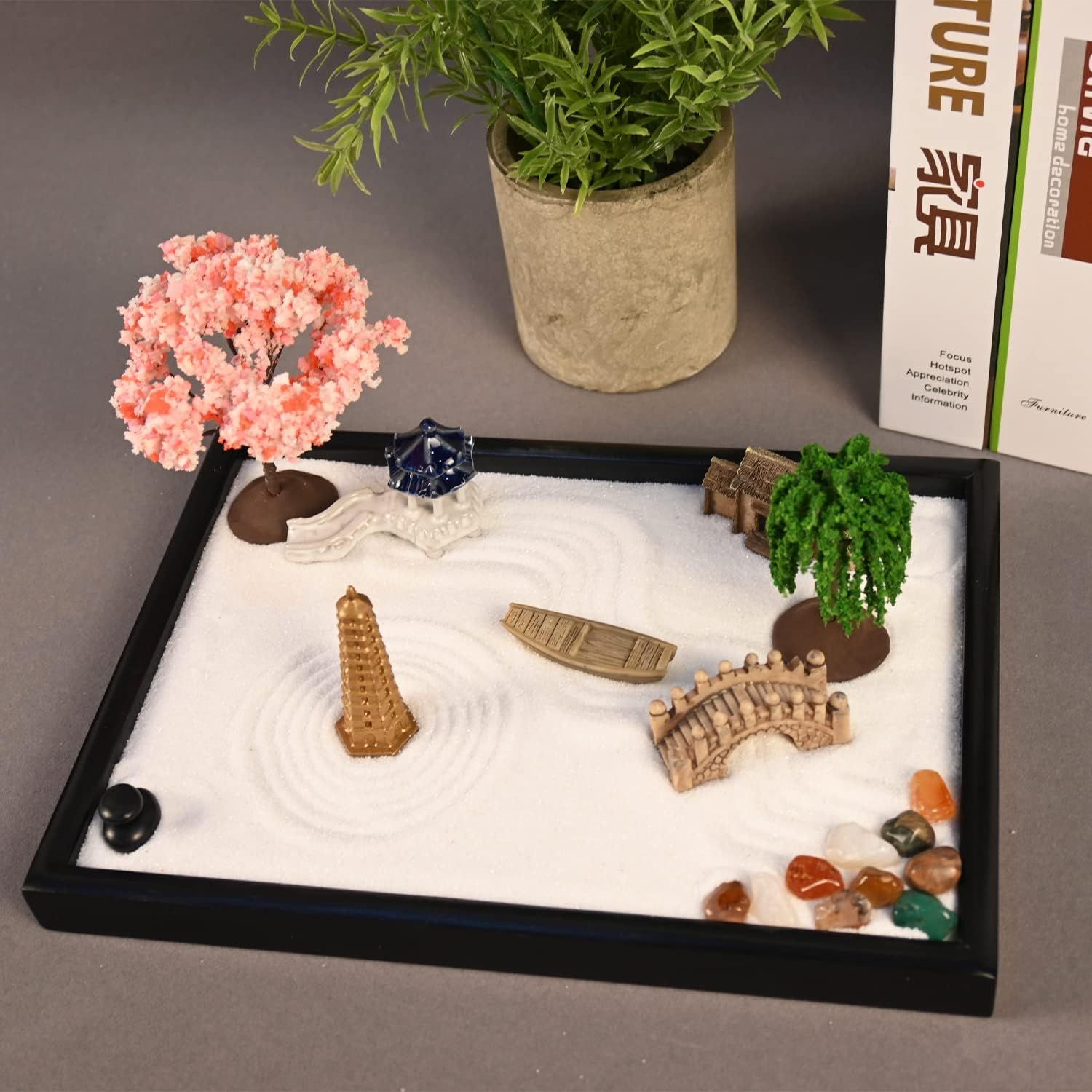 Shows all the components included in the zen garden set, demonstrating the complete value and variety of decorative elements the customer receives.