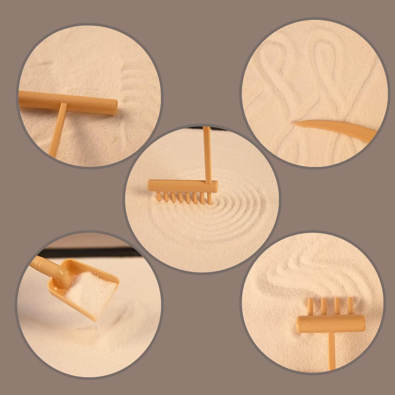 Demonstrates the versatility of the sand play tool set by showing multiple different ways to use the various tools to create patterns, textures, and designs in sand.