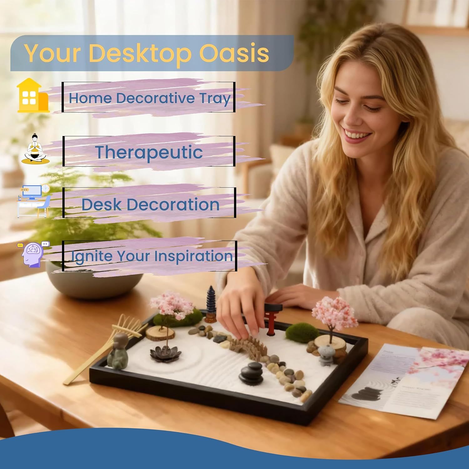Demonstrates multiple use cases for the desktop zen garden tray, showing it can serve as home decor, a therapeutic tool, desk decoration, and an inspirational piece to reassure shoppers of its…