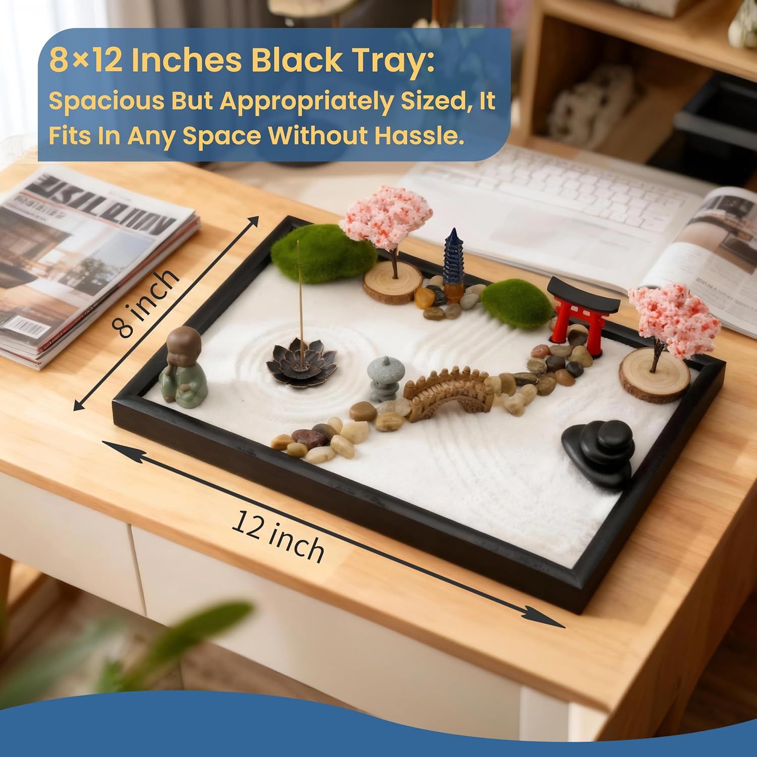 Communicates the exact physical dimensions of the tray (8×12 inches) with visual measurement arrows to help shoppers understand the product's size and space-saving design. Reassures shoppers that…