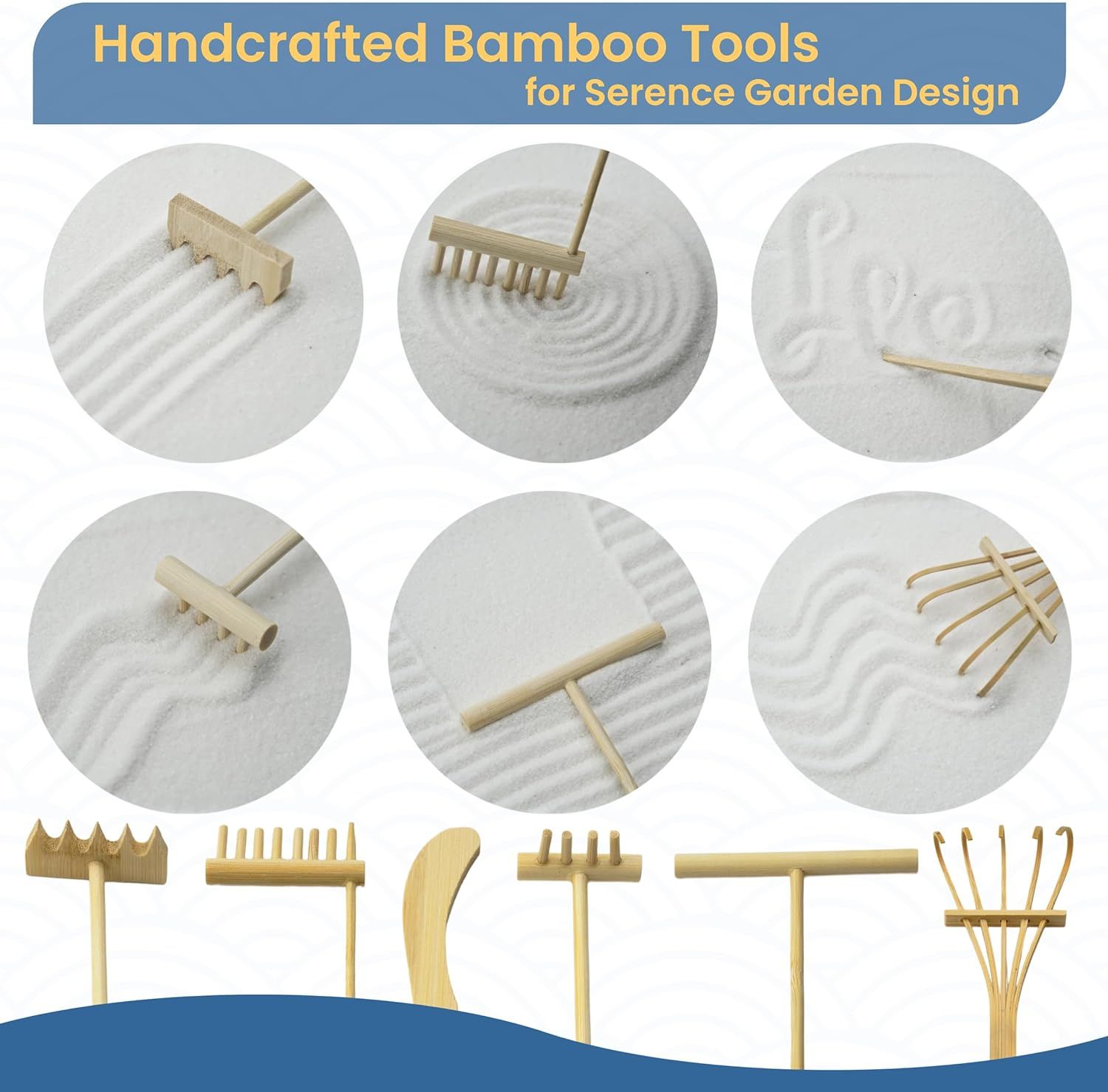 Shows all the bamboo tools included in the set, demonstrating the variety of rakes and design tools available for creating different patterns in a zen garden.