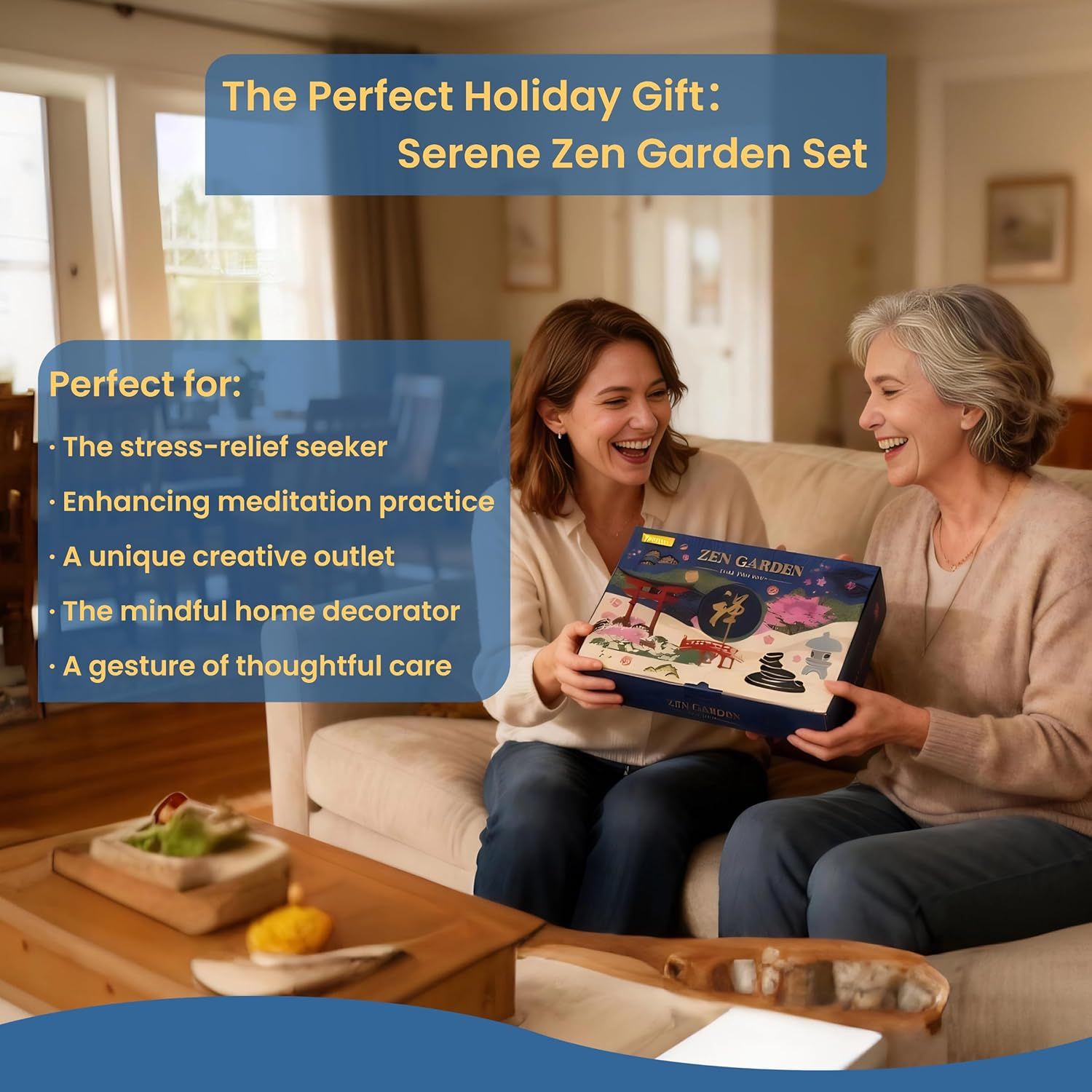 Positions the Zen Garden Set as the perfect holiday gift by showing a warm gifting moment and listing ideal recipient types, encouraging shoppers to purchase for stress relief, meditation,…