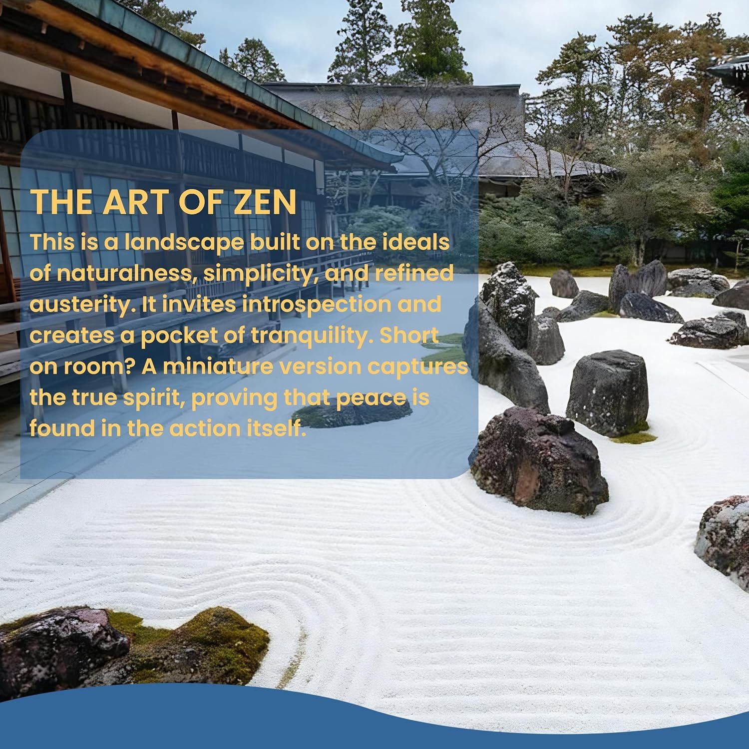Communicates that the product creates a peaceful, zen-inspired environment even in small spaces, emphasizing the calming benefit and miniature design that captures authentic tranquility.