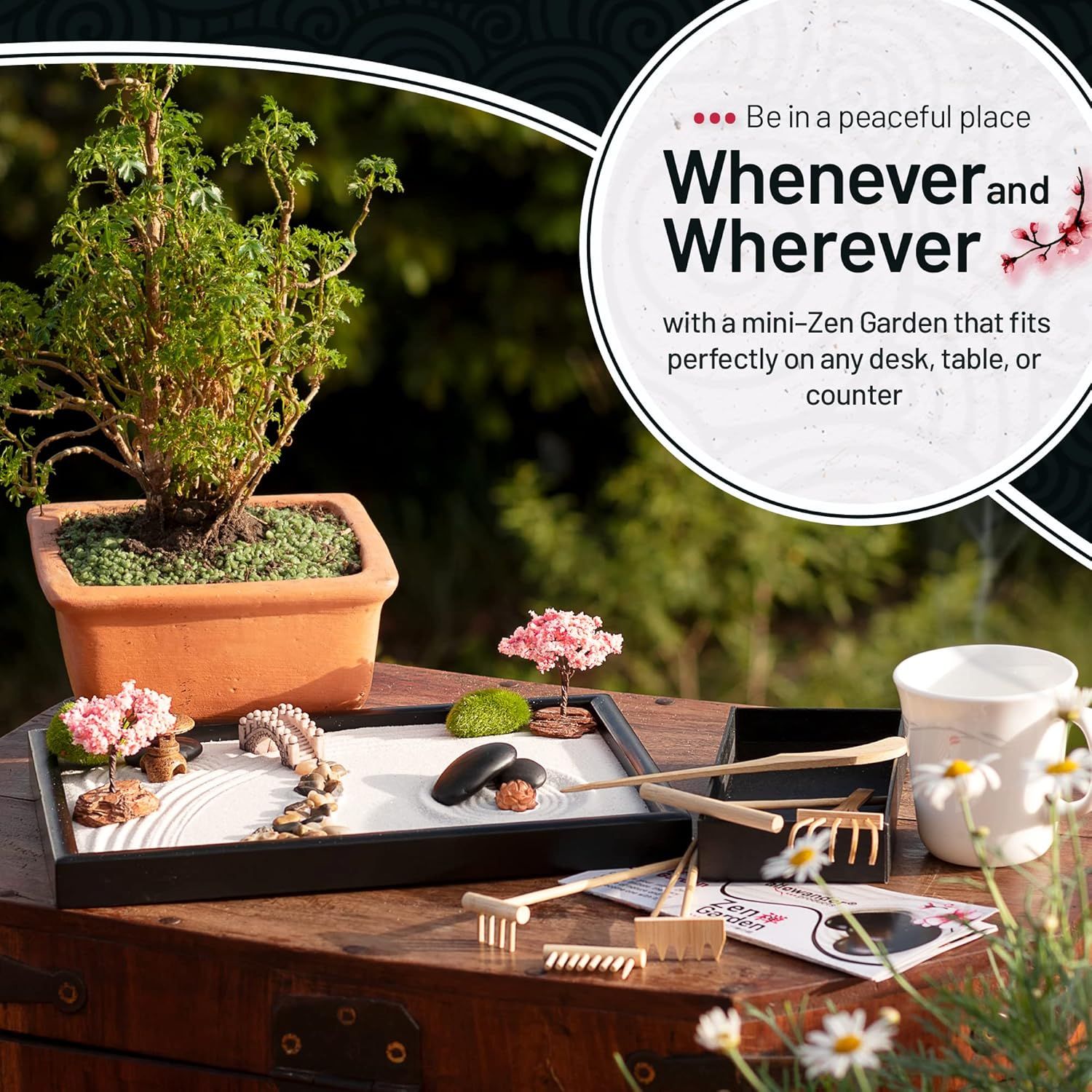 Demonstrates that the mini-Zen garden can be used in multiple settings (desk, table, or counter) to create a peaceful environment wherever the customer needs it. Highlights the product's compact,…