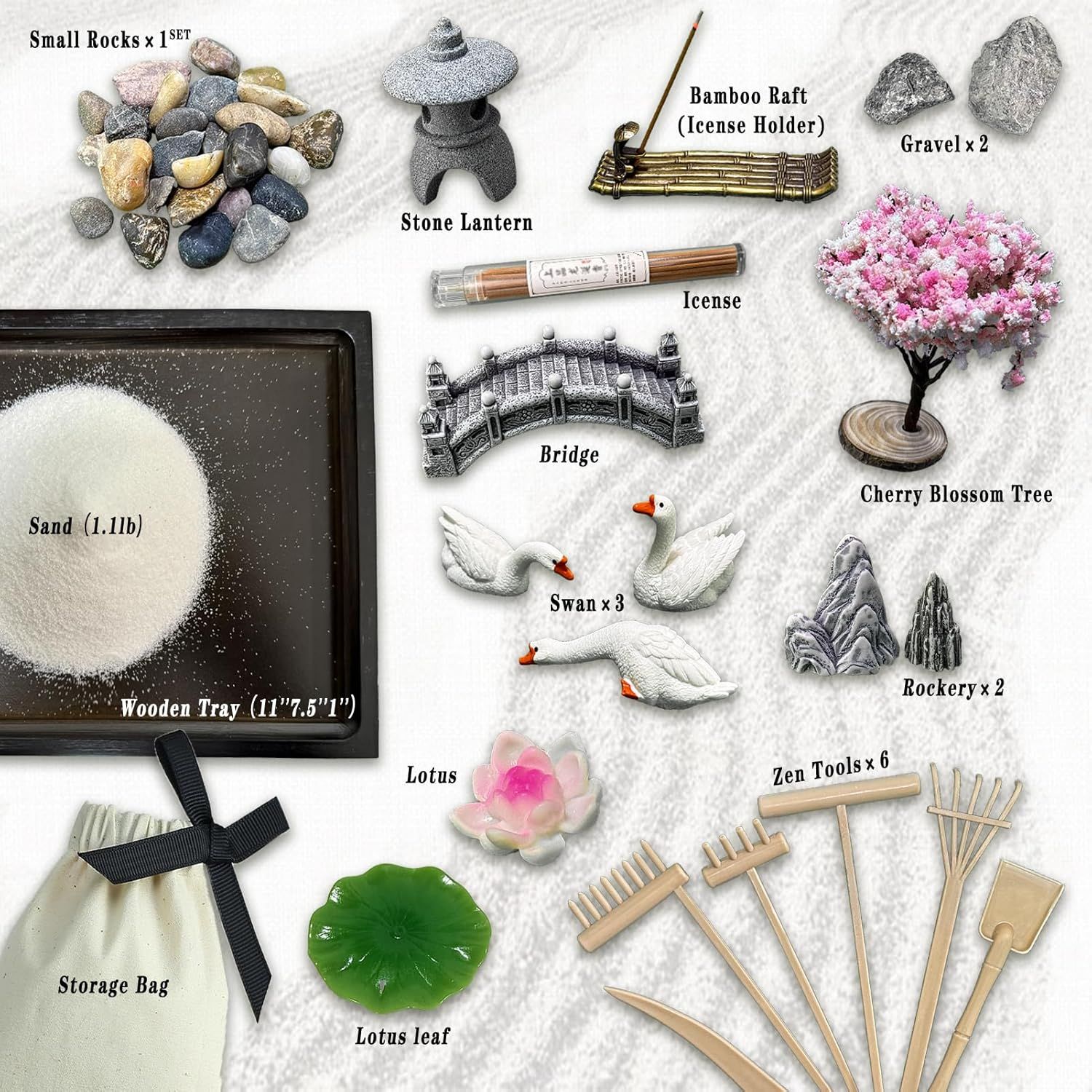 Shows all the items included in the zen garden kit to help shoppers understand the complete package they will receive and the value of the bundle.