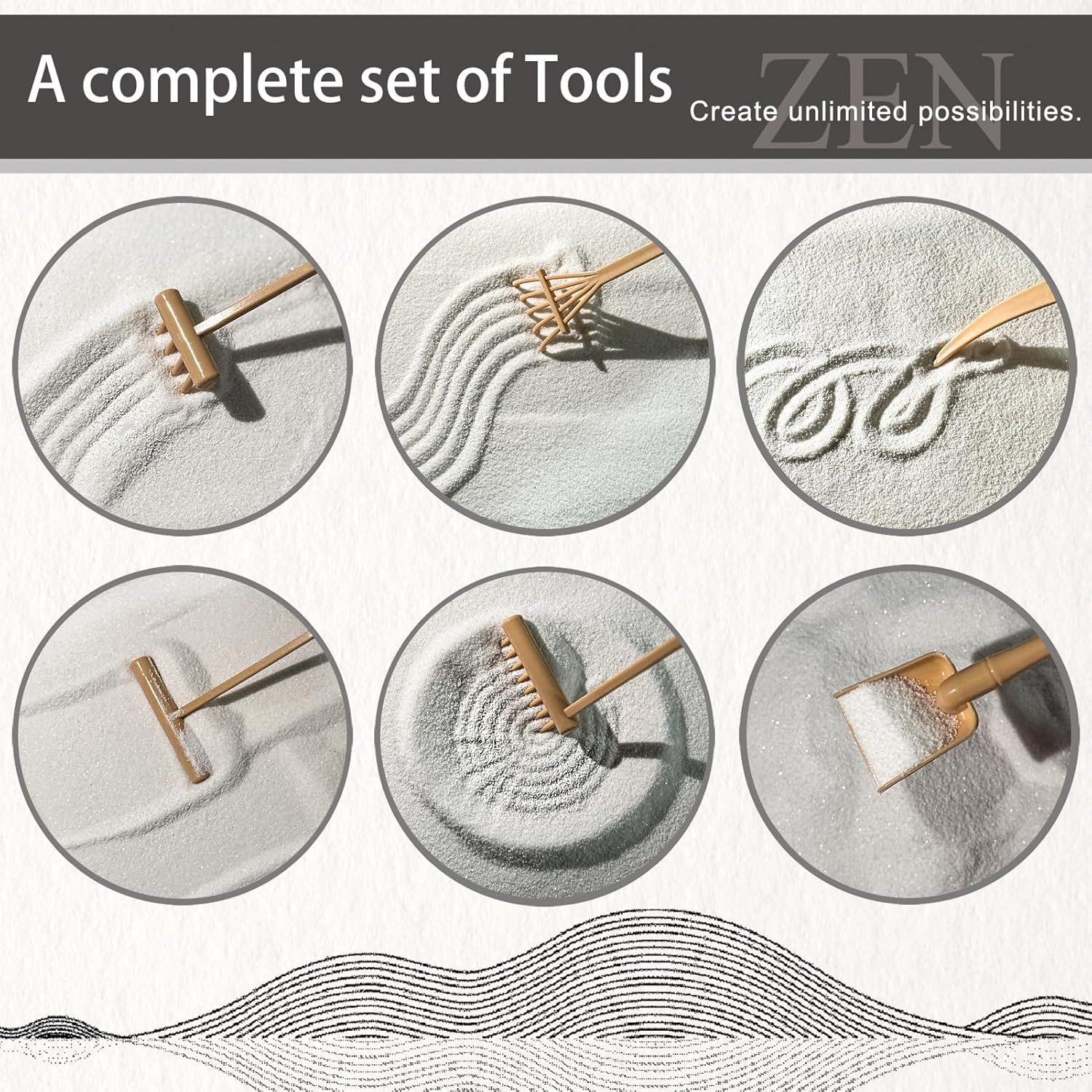 Shows the customer all the different tools included in the Zen garden set, demonstrating the variety and completeness of the kit for creating different sand patterns.