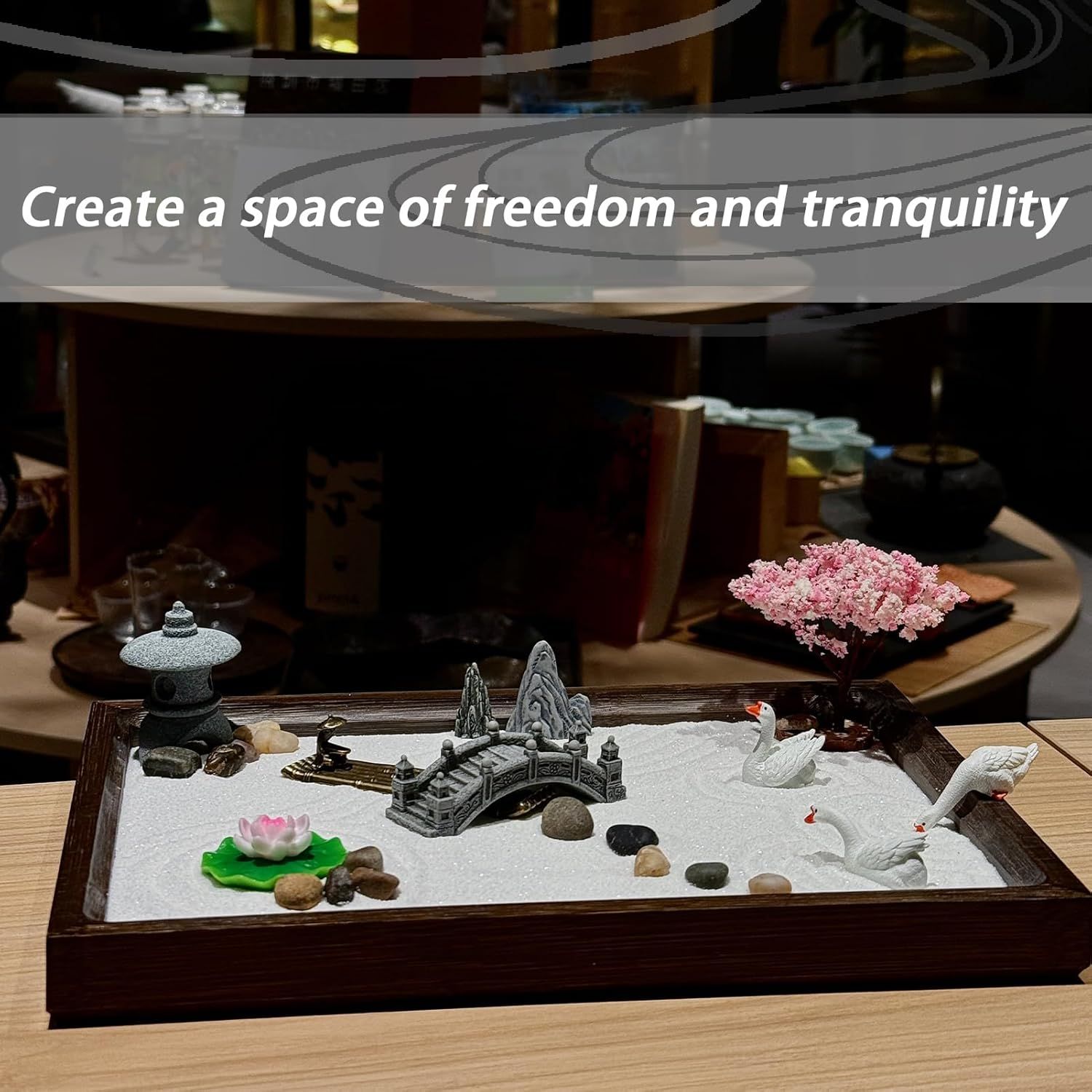 Communicates the emotional benefit of creating a peaceful, tranquil space using this zen garden product, appealing to shoppers seeking relaxation and mindfulness.